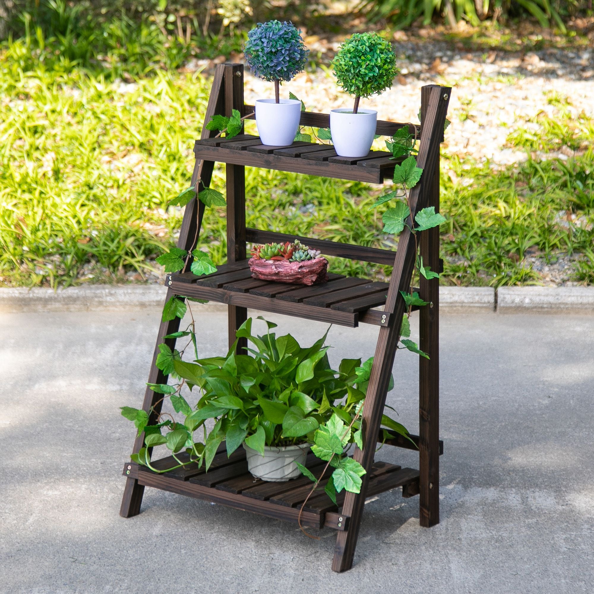 Outsunny Wooden Plant Stand: 3-Tier Foldable Shelf for Indoor/Outdoor Pots, 60L x 37W x 93H cm