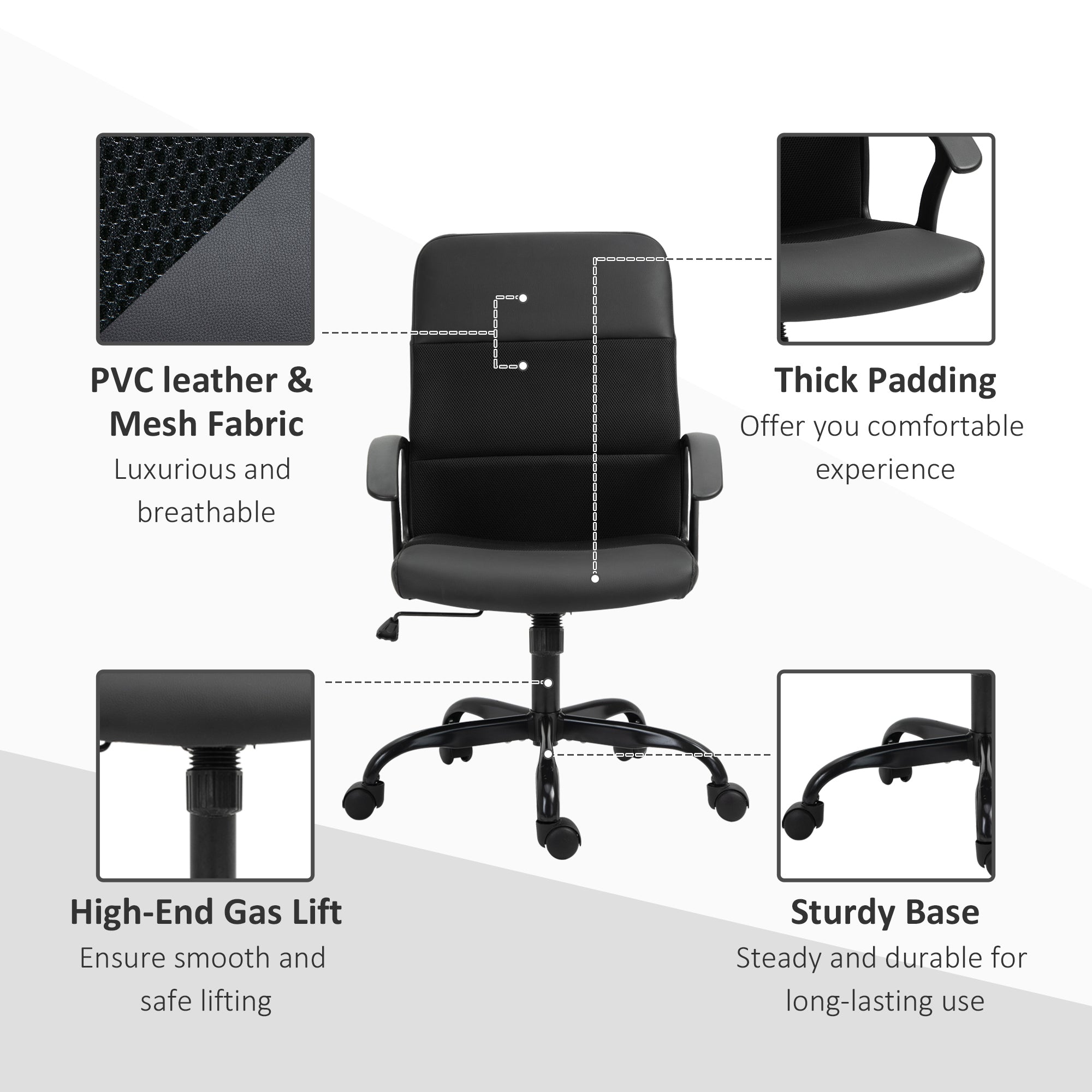Vinsetto Mesh Office Chair, Faux Leather Desk Chair with Swivel Wheels, Adjustable Height and Tilt Function, Black - North Peak Garden Furniture