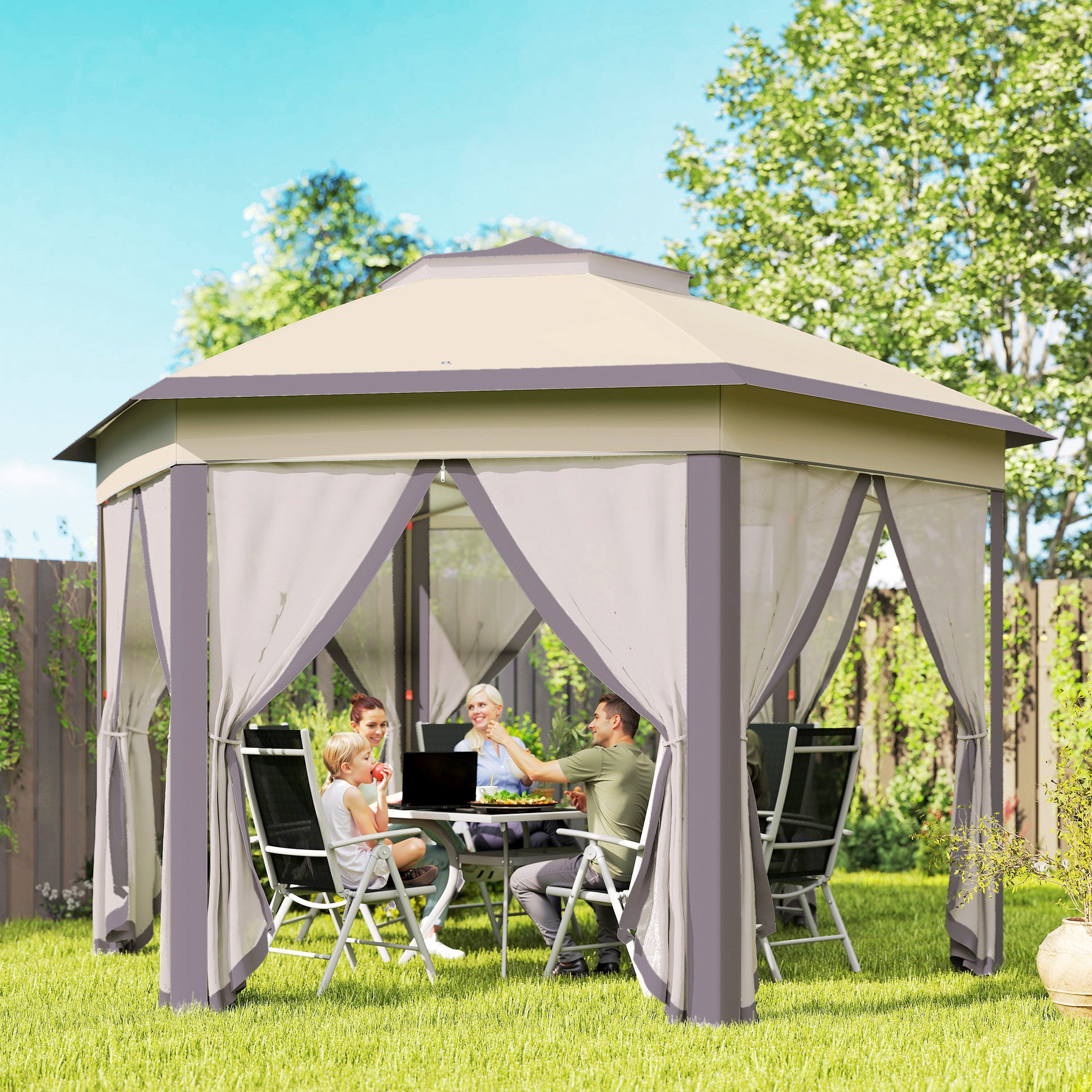 Outsunny Hexagon Garden Gazebo Pop Up Gazebo Outdoor Patio Double Roof Instant Shelter with Netting, 3 x 4m, Beige