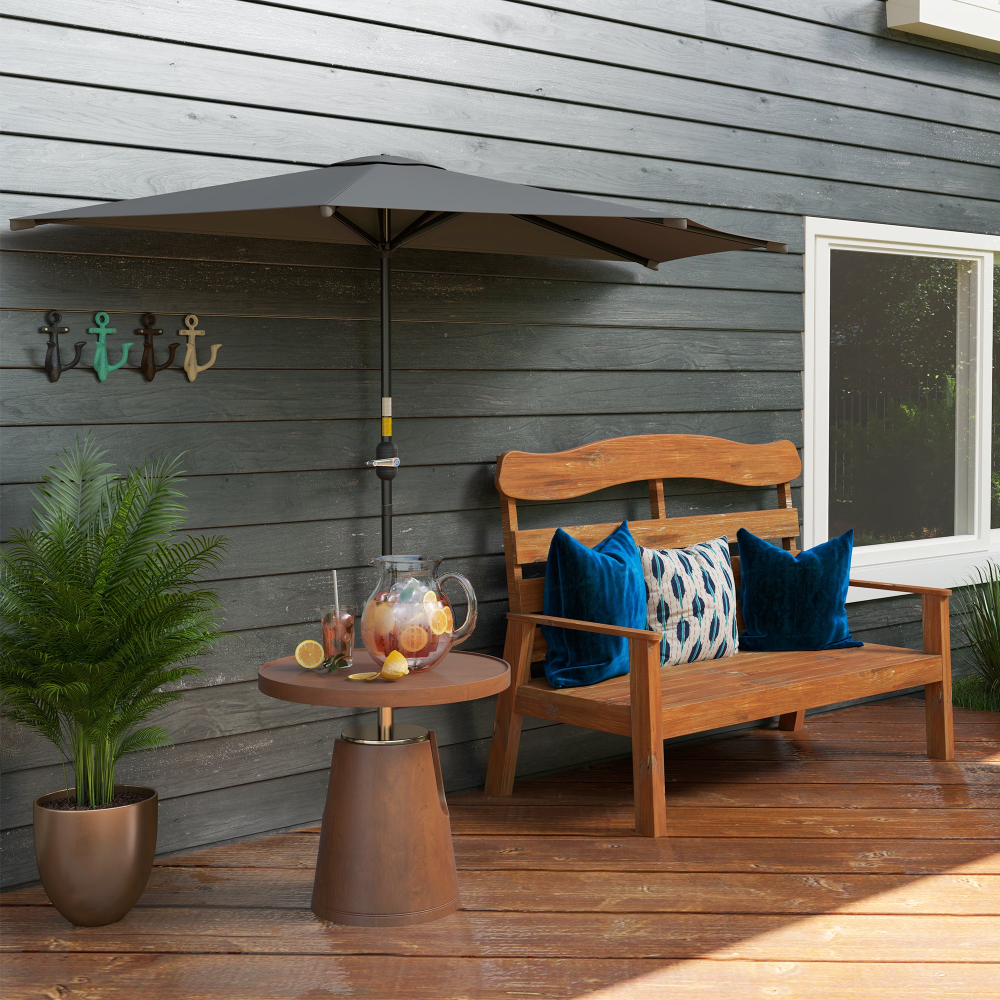 Outsunny 3(m) Half Parasol, Semi Round Umbrella with Metal Frame, Crank Handle for Balcony, Garden, Dark Grey - North Peak Garden Furniture