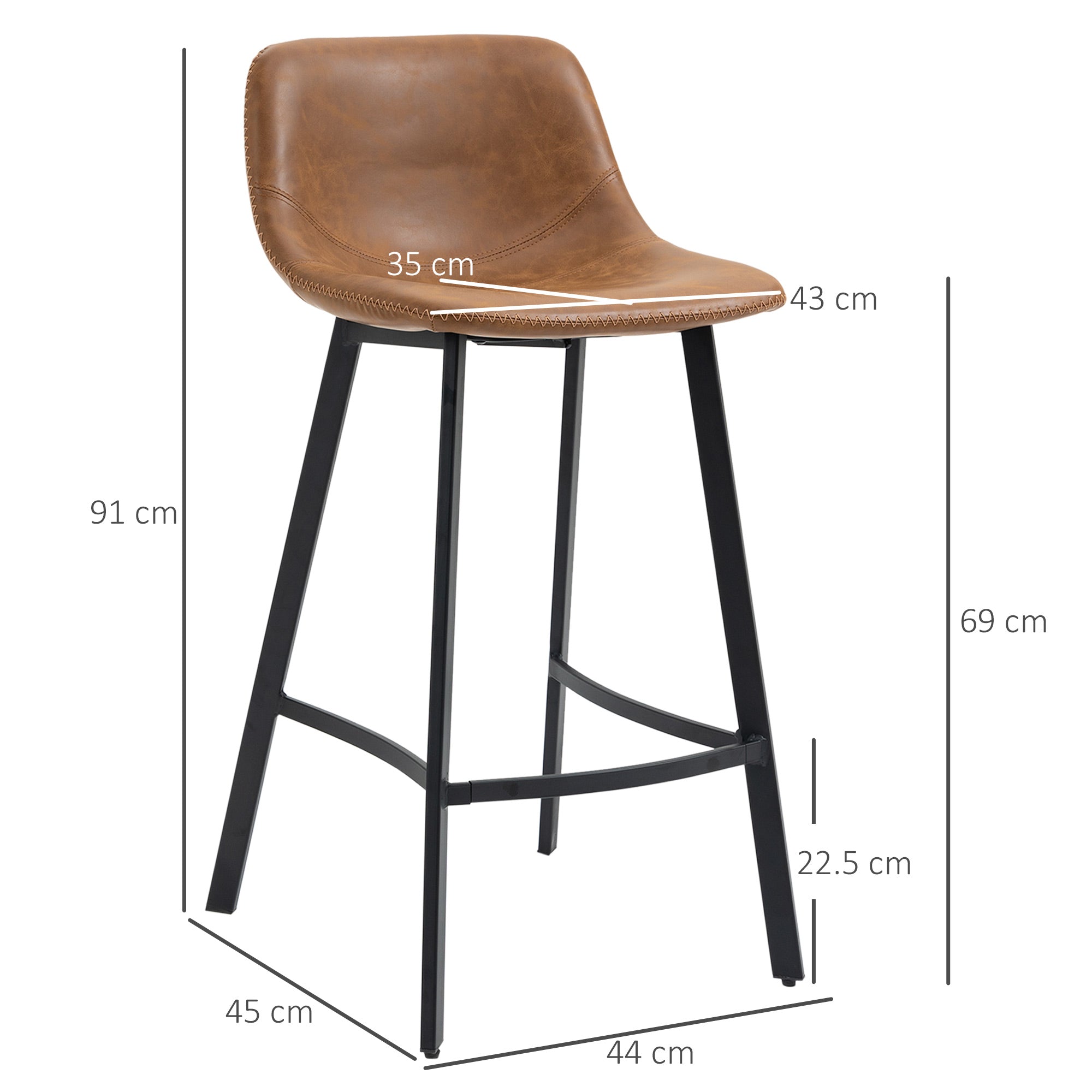 HOMCOM Bar Stools Set of 2, Industrial Kitchen Stool, Upholstered Bar Chairs with Back, Steel Legs, Brown - North Peak Garden Furniture