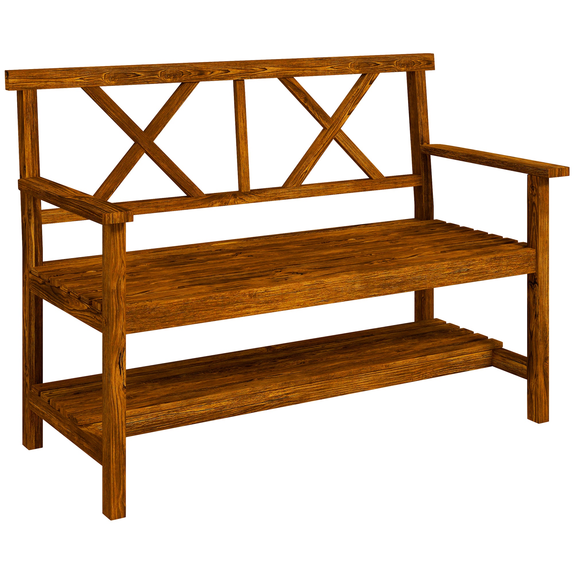 Outsunny Two-Seater Fir Wood Bench, with Bottom Shelf - Natural - North Peak Garden Furniture