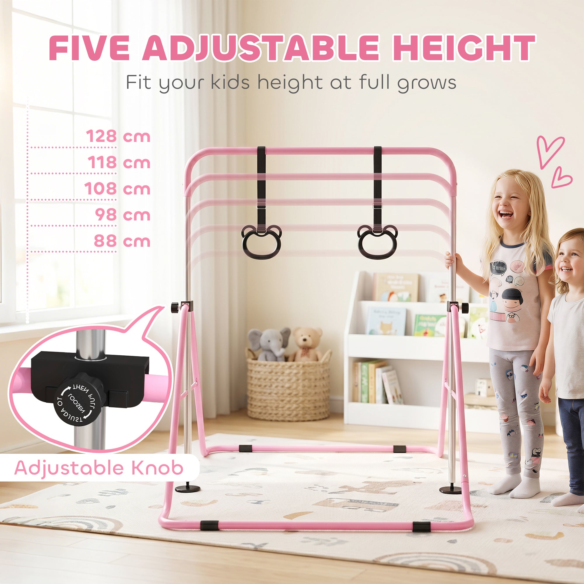 HOMCOM Adjustable Height, Foldable Kids Gymnastics Bar w/ Non-Slip Mats, for 3+ Years, Pink