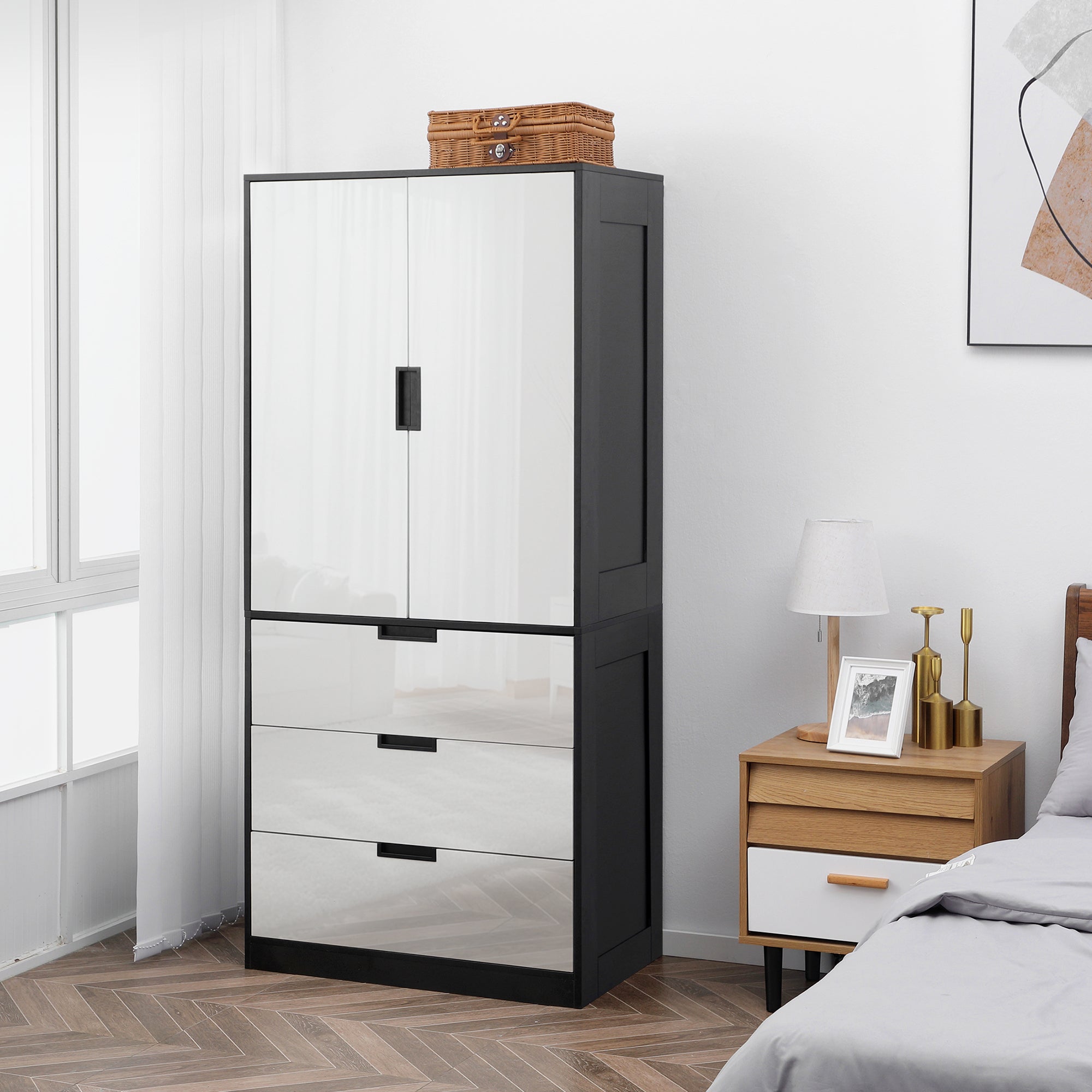 HOMCOM 2 Door Wardrobe, Modern Wardrobe with 3 Drawers and Hanging Rod for Bedroom, High Gloss White