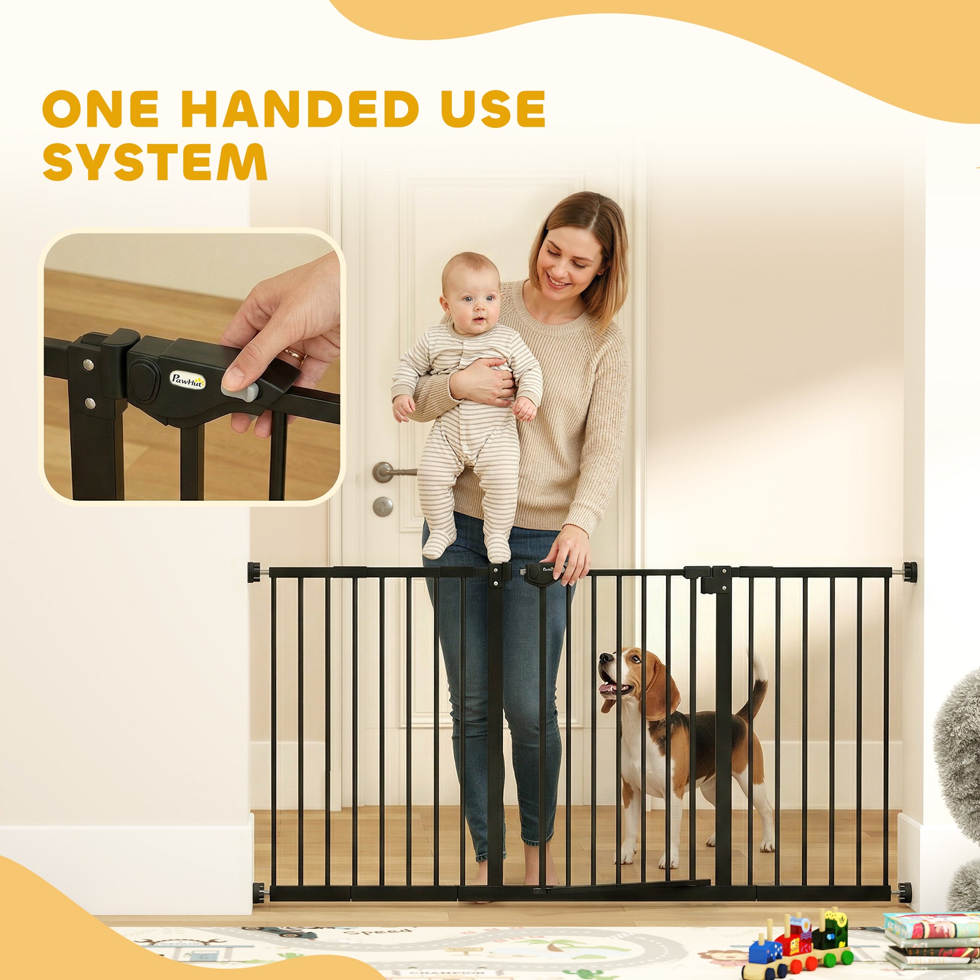 PawHut Dog Gate Stair Gate Pressure Fit Pets Barrier Auto Close for Doorway Hallway, 74-148cm Wide Adjustable, Black