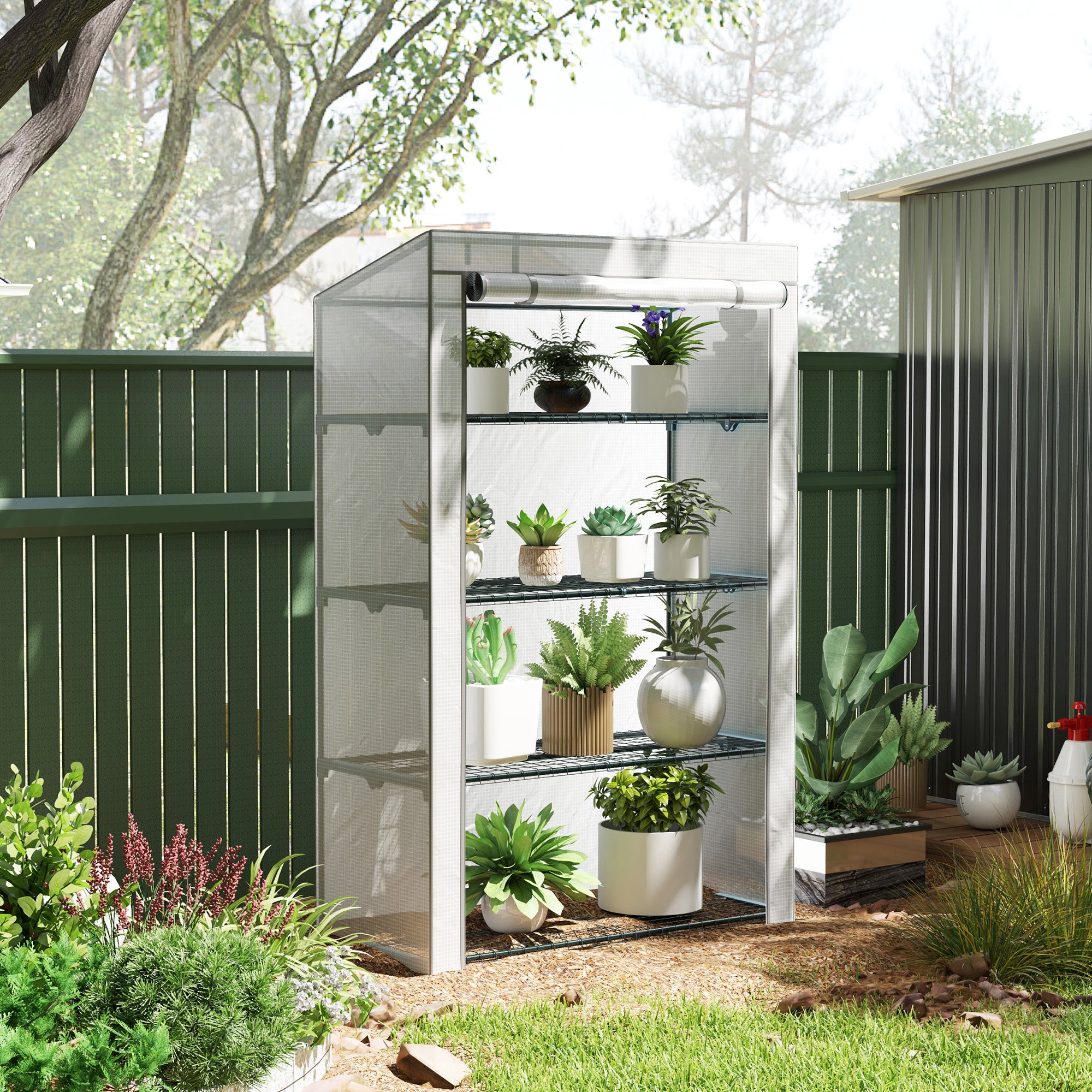 Outsunny 4 Tier Lean-to Mini Greenhouse with Reinforced PE Cover, Portable Small Greenhouse with Roll-Up Door, Grey Hemmed Edging, 110 x 50 x 171cm, Grey