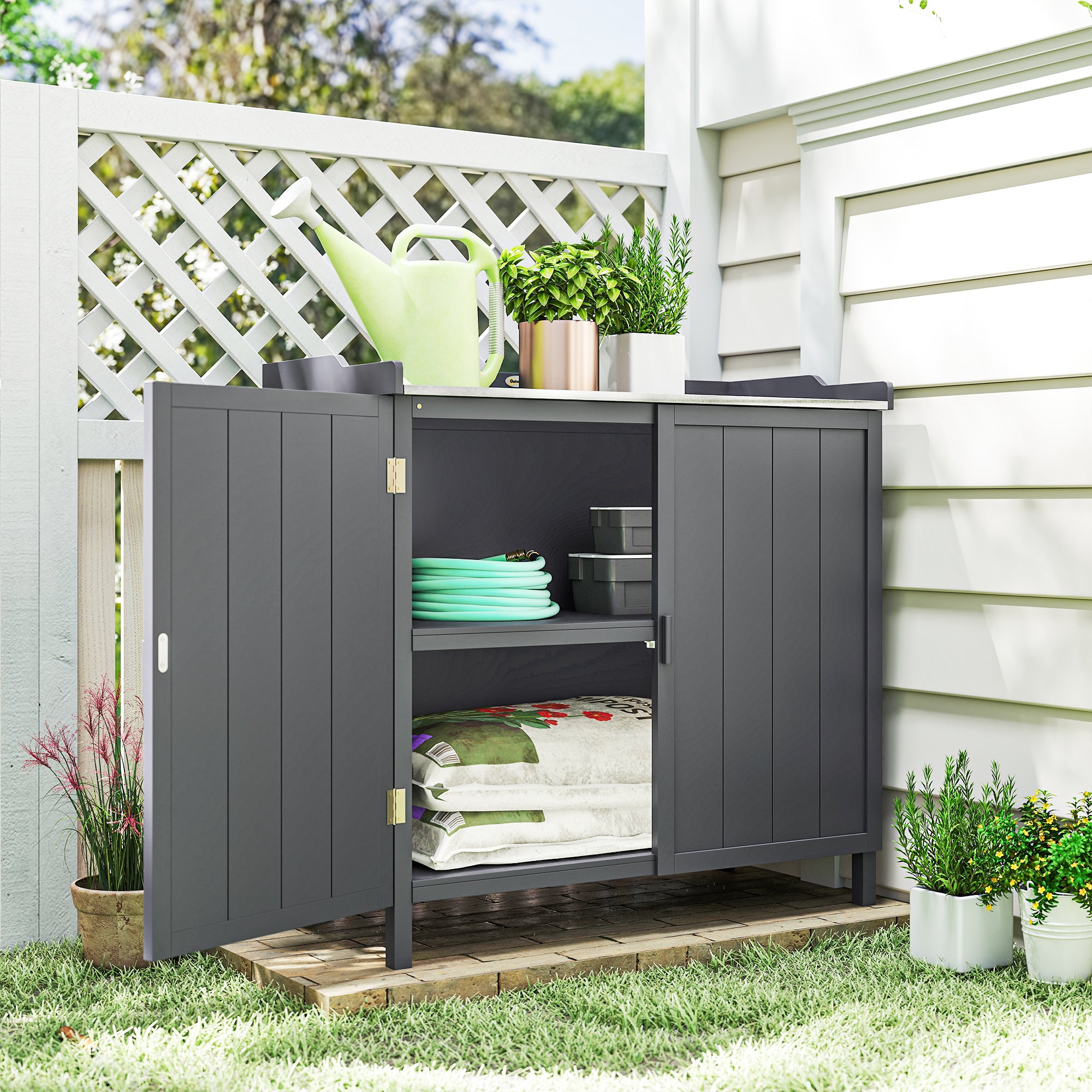 Outsunny Garden Storage Cabinet, Outdoor Tool Shed, Potting Bench Table with Galvanized Top and Two Shelves for Yard Tools or Pool Accessories, Grey