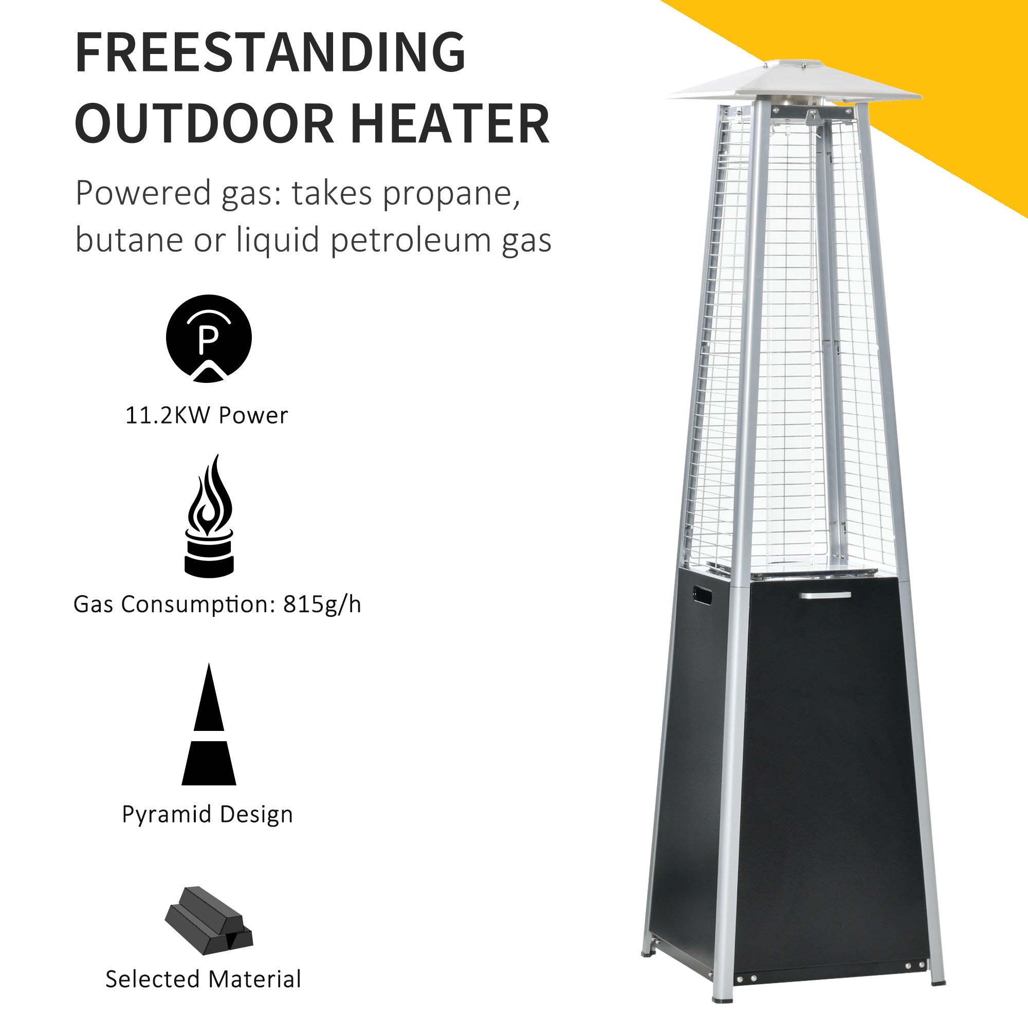 Outsunny 11.2KW Outdoor Patio Gas Heater Freestanding Pyramid Propane Heater Garden Tower Heater with Wheels, Dust Cover, Regulator and Hose, Black, 50 x 50 x 190cm