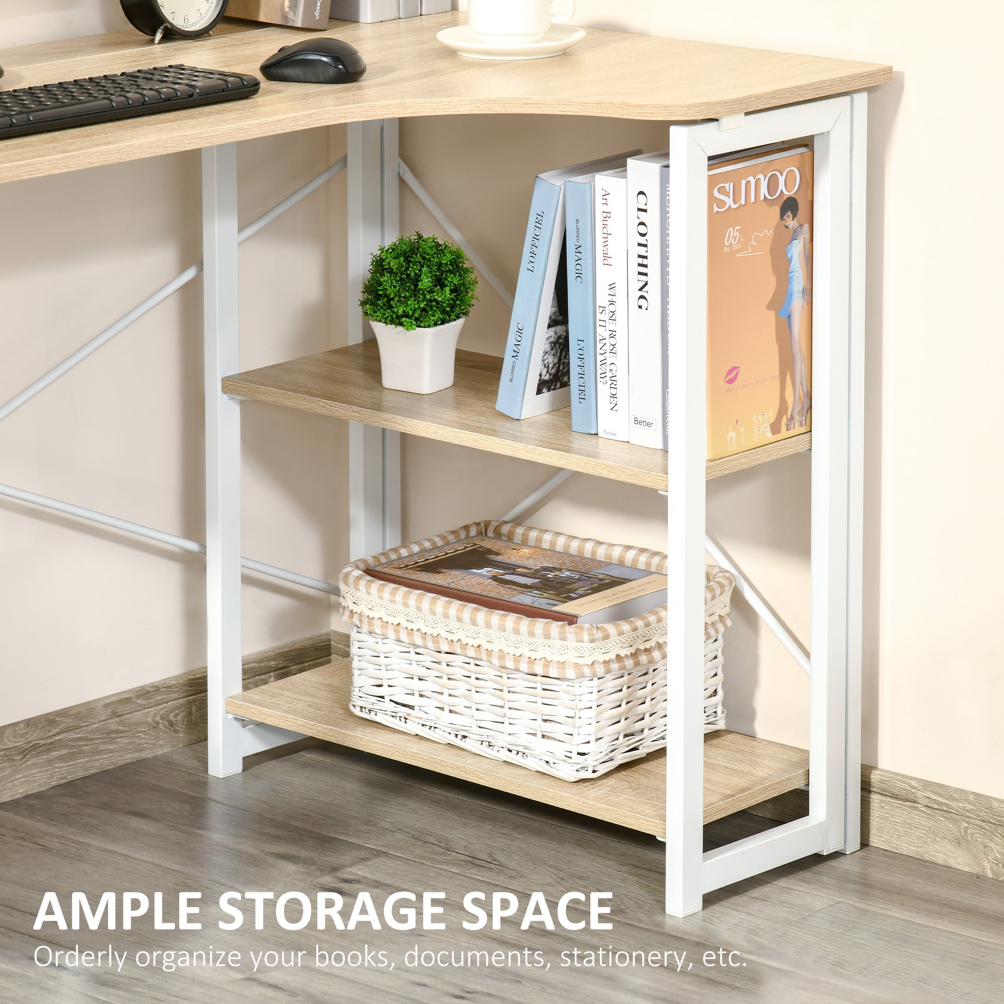 HOMCOM Folding Desk, L Shaped Desk, Corner Computer Desk with 2-Tier Storage Shelf for Home Office, Study Room, Workstation, Easy Assembly, 120 x 72.5 x 76.5cm, Oak Tone - North Peak Garden Furniture