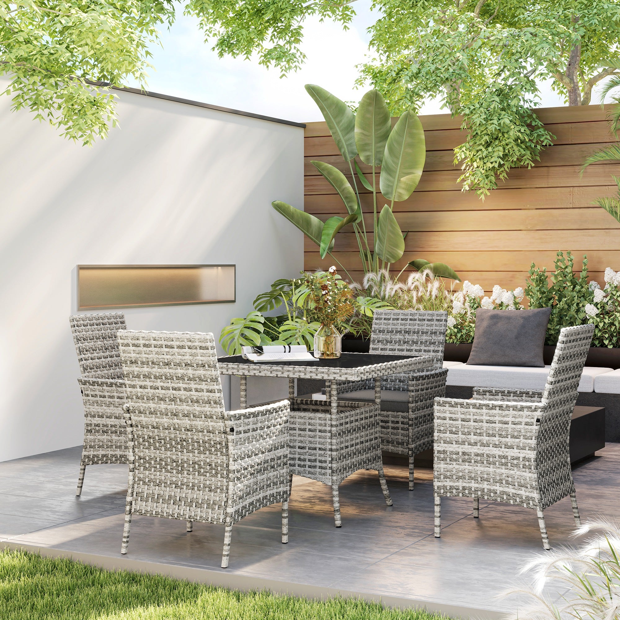Outsunny Rattan Garden Furniture Set, Outdoor Dining Table and Chairs 4 Seater with Cushions, Square Tempered Glass Top, 4 Armchairs, for Balcony, Terrace, Conservatory, Mixed-Grey - North Peak Garden Furniture