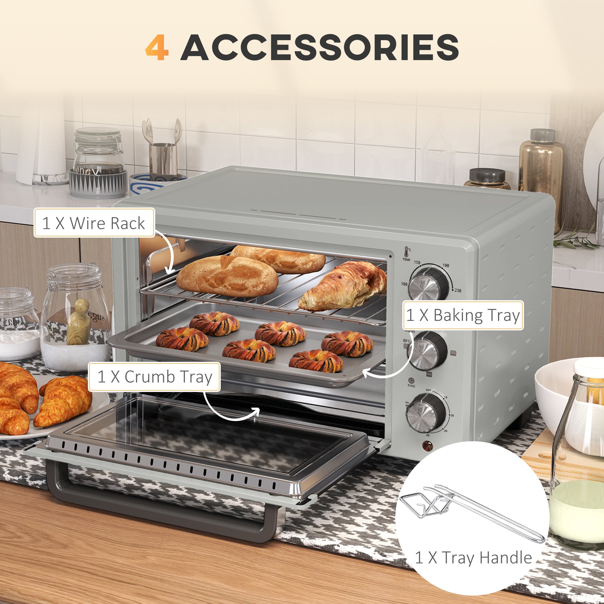 HOMCOM 21L Mini Countertop Oven, 100°C-230°C Adjustable Temp - Silver Tone - North Peak Garden Furniture