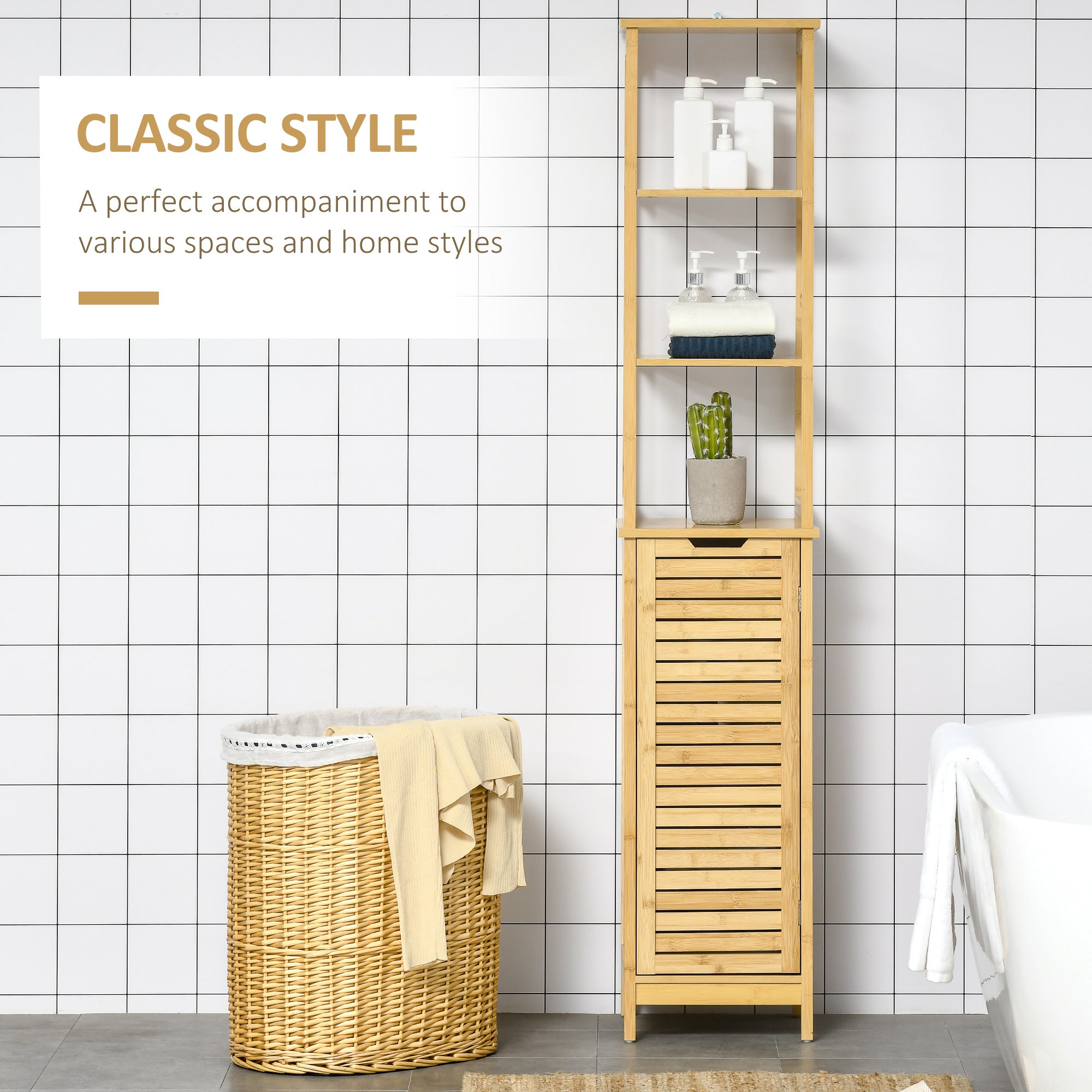 kleankin Bathroom Floor Cabinet with 3 Shelves, Slim Storage Cupboard and Freestanding Organiser, Natural