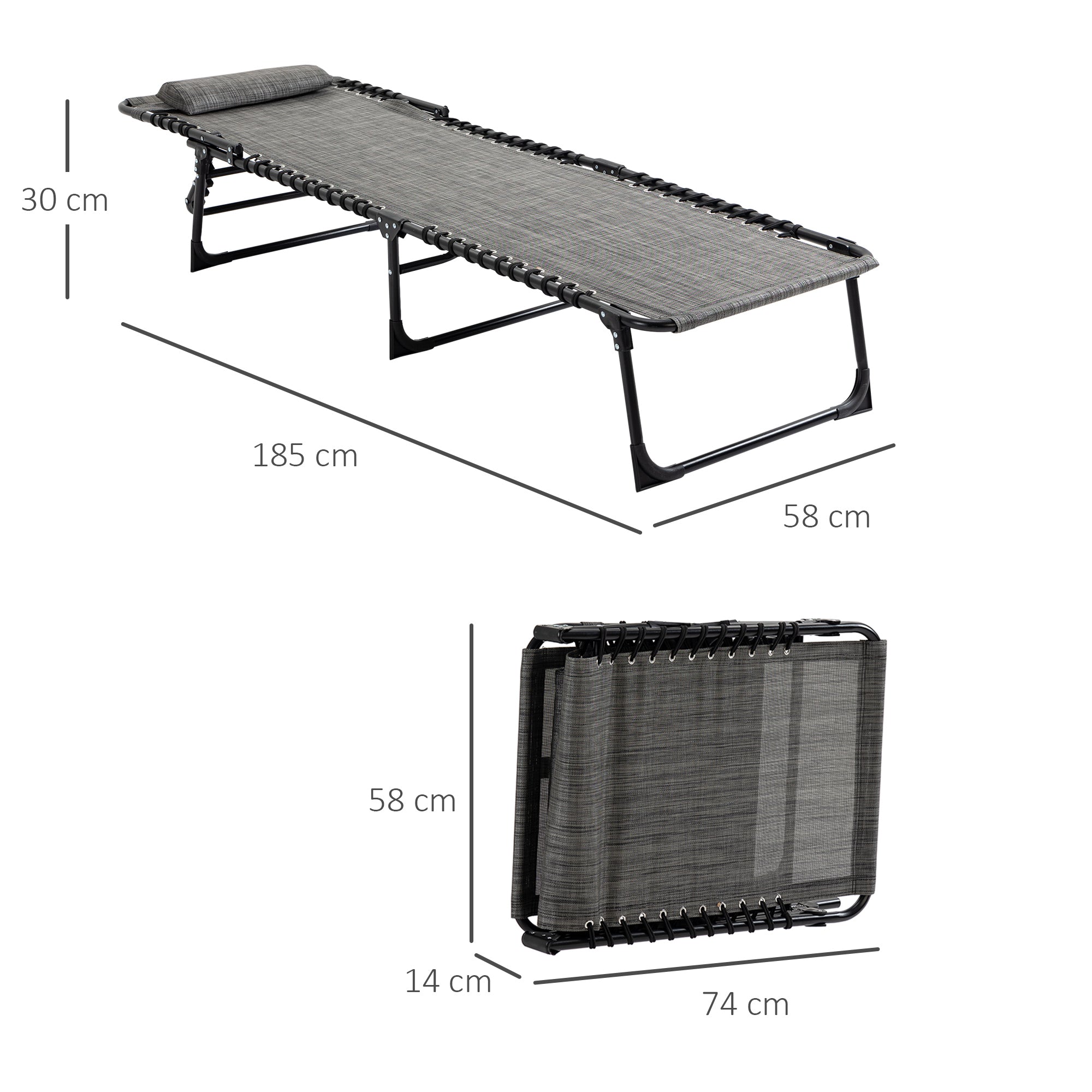 Outsunny Portable Sun Lounger Set of 2, Folding Camping Bed Cot, Reclining Lounge Chair 5-position Adjustable Backrest with Side Pocket, Pillow for Patio Garden Beach Pool, Mixed Grey - North Peak Garden Furniture