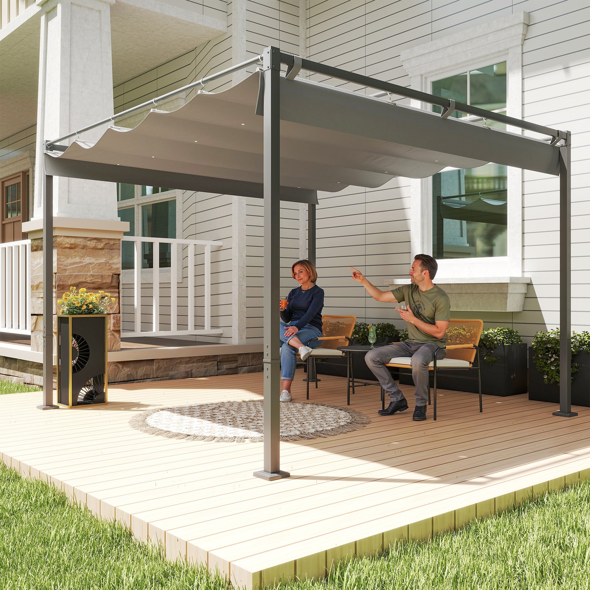 Outsunny 3 x 3(m) Garden Pergola with Retractable Roof and Magnetic Fixture, Outdoor Pergola Kit Sun Shade Canopy, UPF30+, Grey - North Peak Garden Furniture