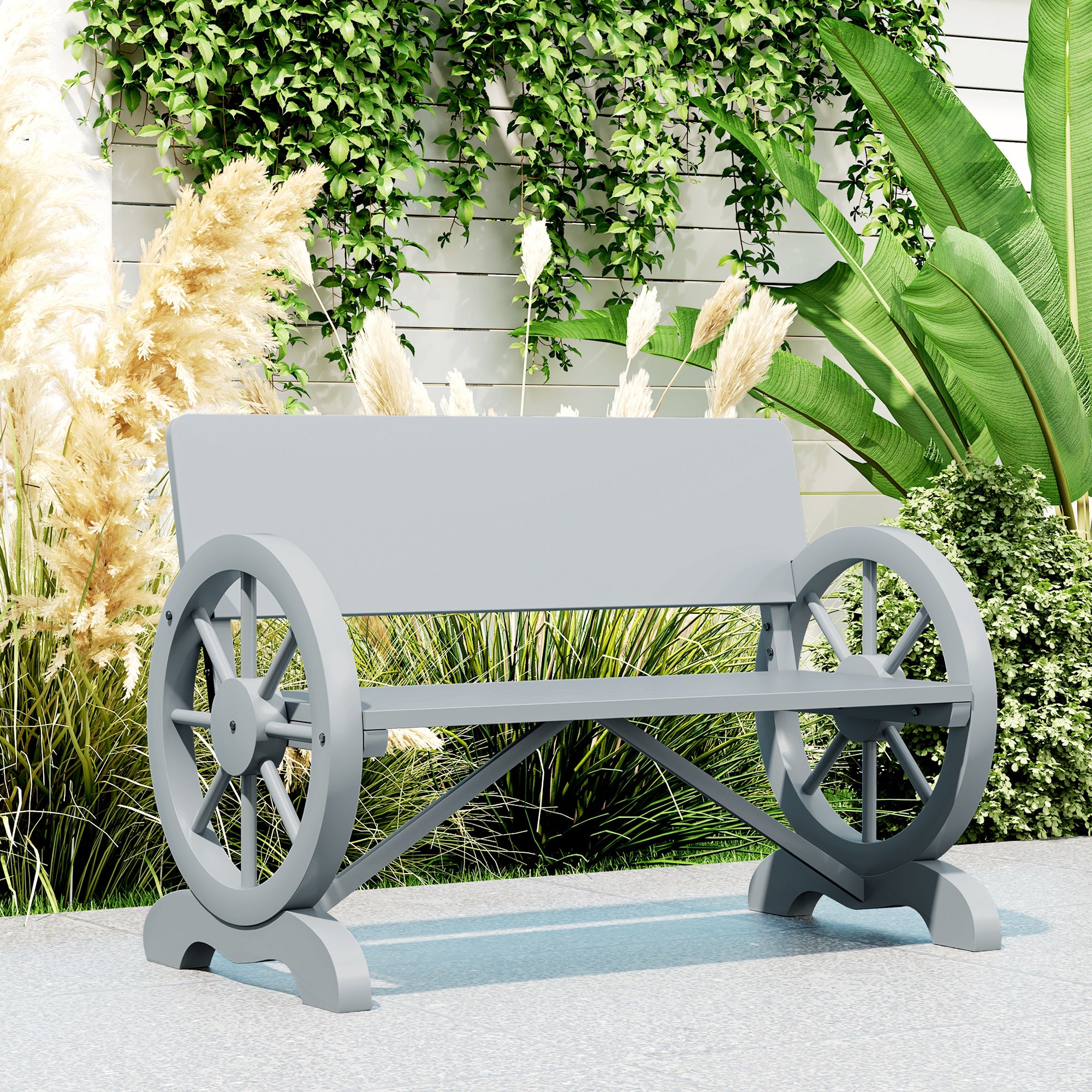 Outsunny Fir Wood 2-Seater Outdoor Garden Wagon Wheel Bench, Grey - North Peak Garden Furniture