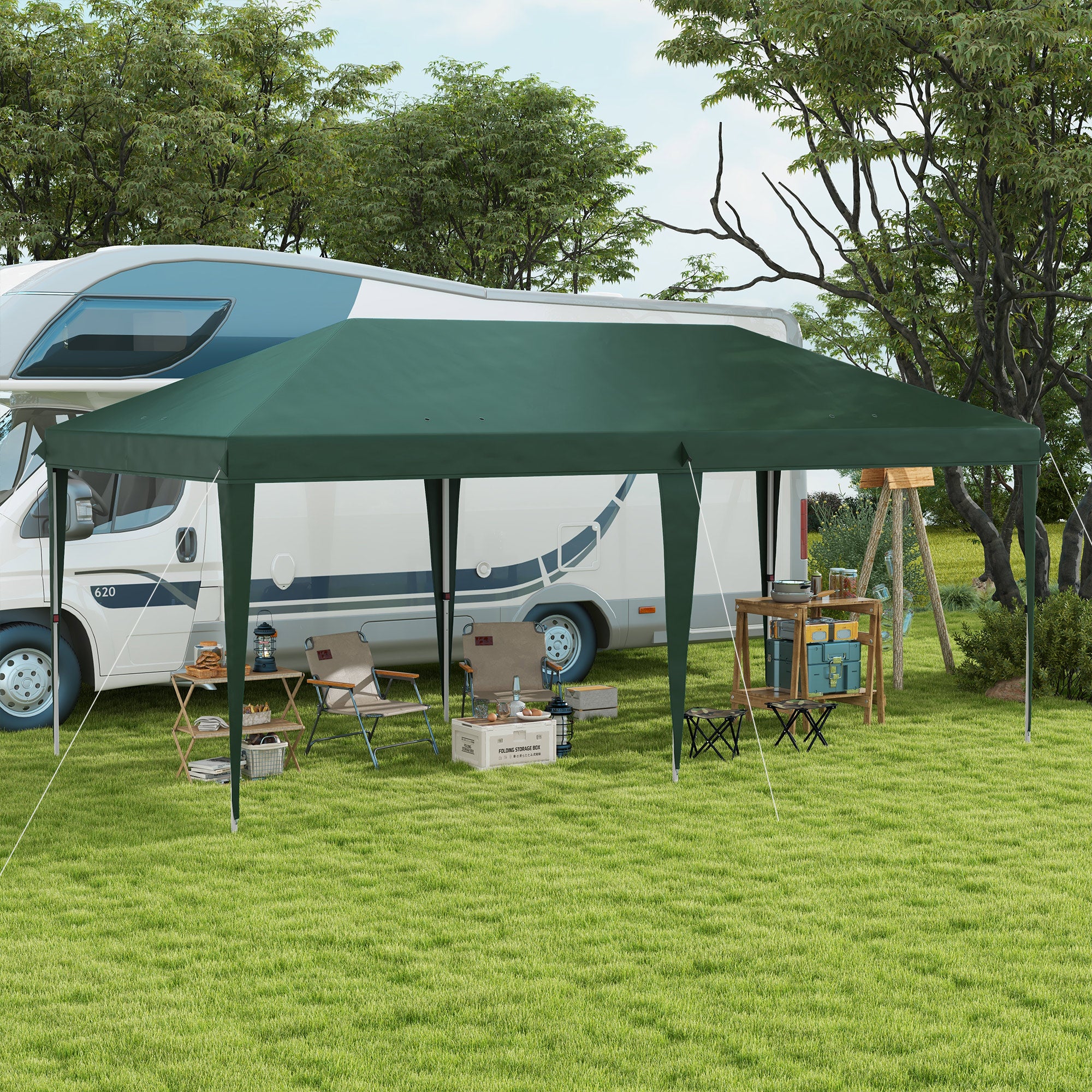 Outsunny Pop Up Gazebo, Double Roof Foldable Canopy Tent, Height Adjustable Wedding Awning Canopy w/ Carrying Bag, 6 m x 3 m x 2.65 m, Green - North Peak Garden Furniture