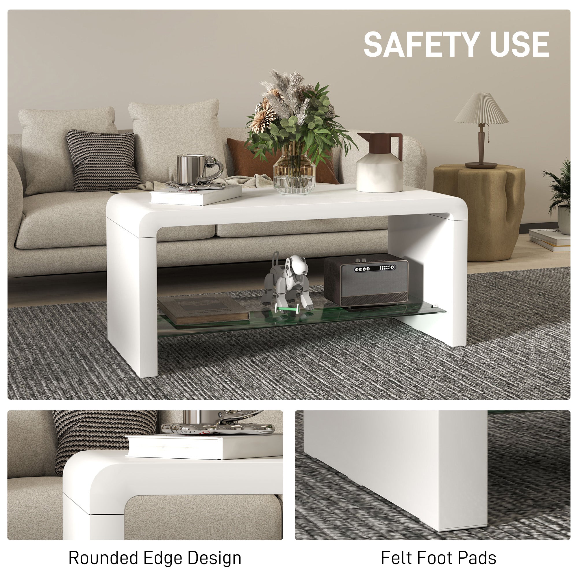 HOMCOM Curved Two-Tier Coffee Table - High Gloss White - North Peak Garden Furniture