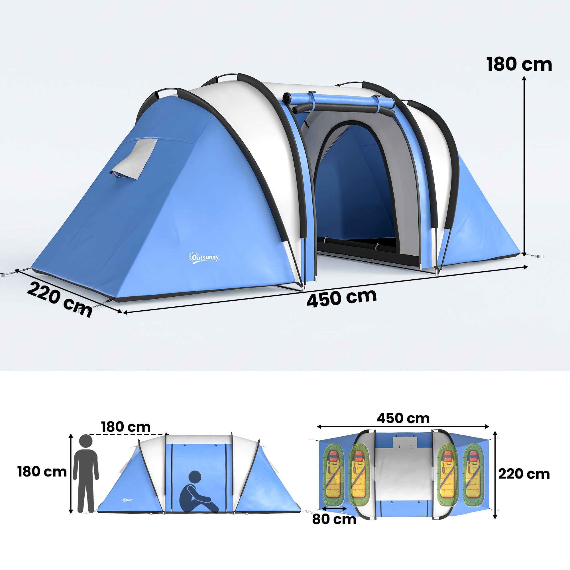 Outsunny Camping Tent with 2 Bedrooms and Living Area, 3000mm Waterproof Family Tent, for Fishing Hiking Festival, Blue
