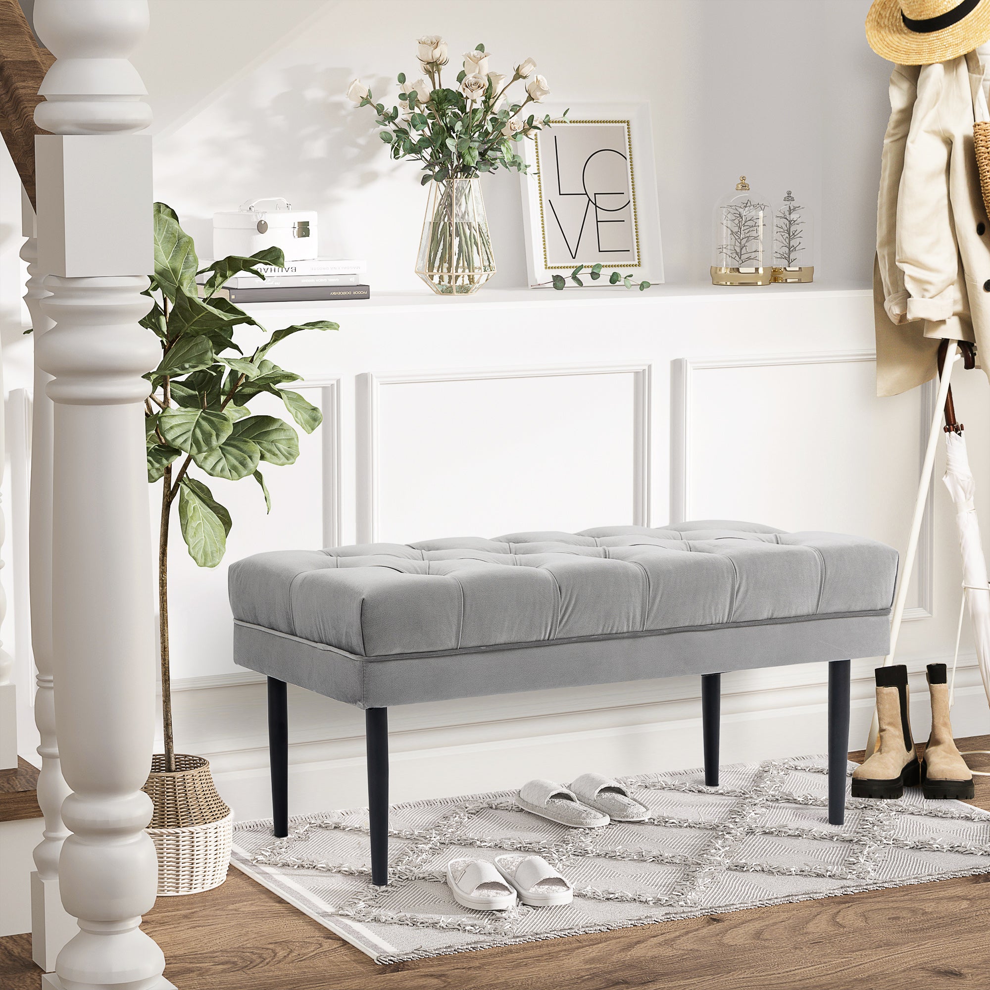 HOMCOM Velvet Bed End Bench, Button Tufted Window Seat, Hallway Shoe Bench, Upholstered Accent Lounge Chair Stool for Living Room, Bedroom, Grey - North Peak Garden Furniture