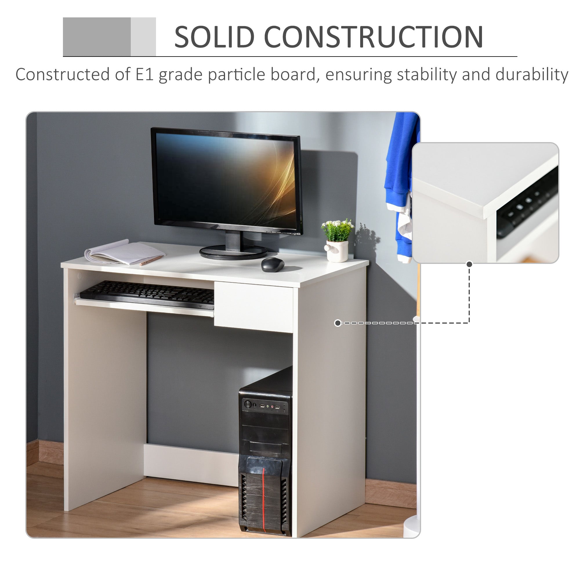 HOMCOM Compact Computer Table with Keyboard Tray Drawer Study Office Working Writing Desk, White - North Peak Garden Furniture