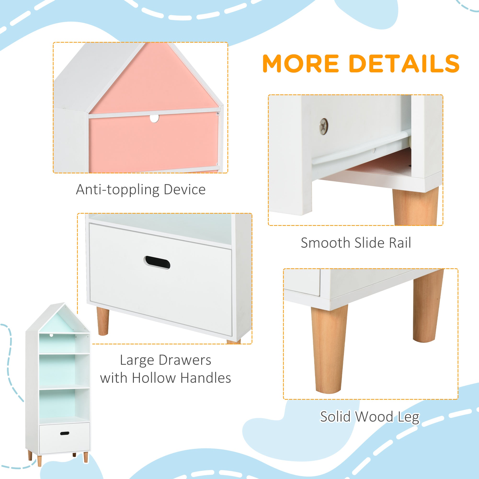 HOMCOM Kids Children Wooden Bookcase w/Drawer Bedroom Furniture Bookshelf Storage Rack Display Unit Toys Games Organisation Cabinet Pink Blue Back Panel 50 x 30 x 142 cm - North Peak Garden Furniture