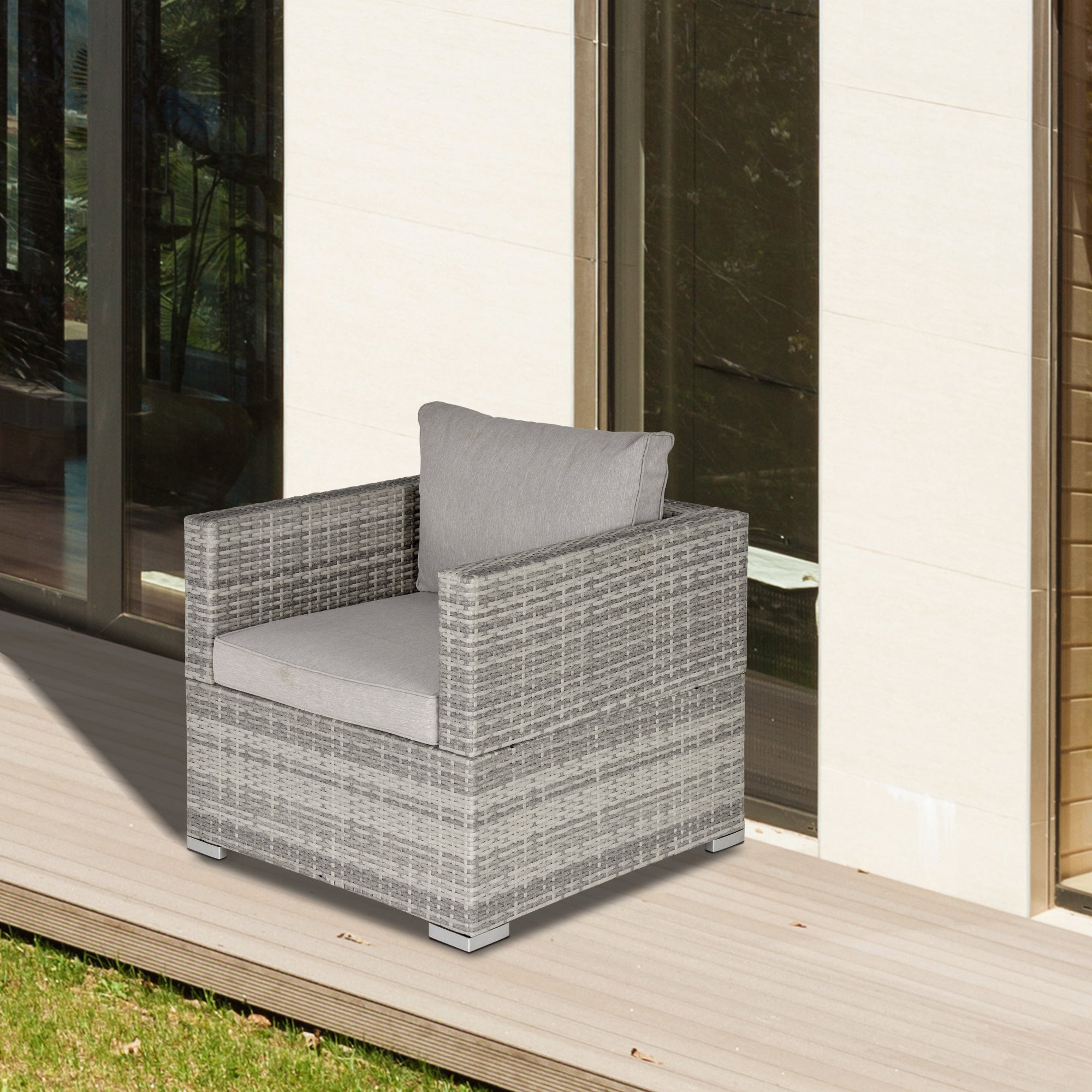 Outsunny Single Seater Rattan Chair Sofa with Padded Cushions, All-Weather PE Wicker Weave Garden Armchair with Armrests, Grey - North Peak Garden Furniture