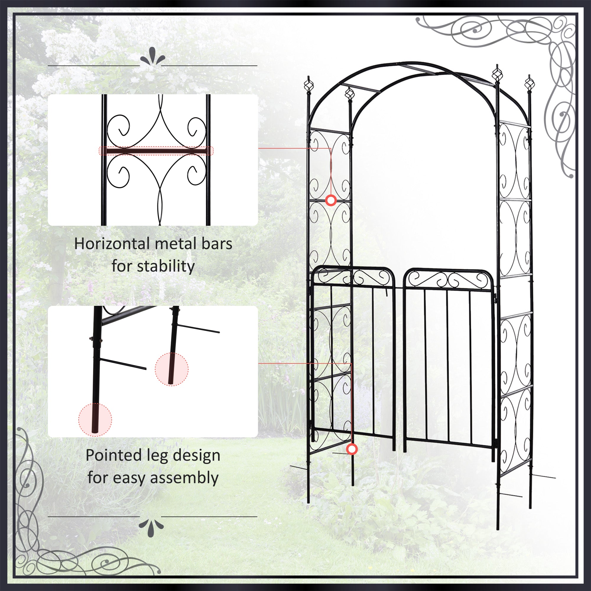 Outsunny Garden Decorative Metal Arch with Gate Outdoor Patio Trellis Arbor for Climbing Plant Archway Antique Black - 108L x 45W x 215Hcm - North Peak Garden Furniture
