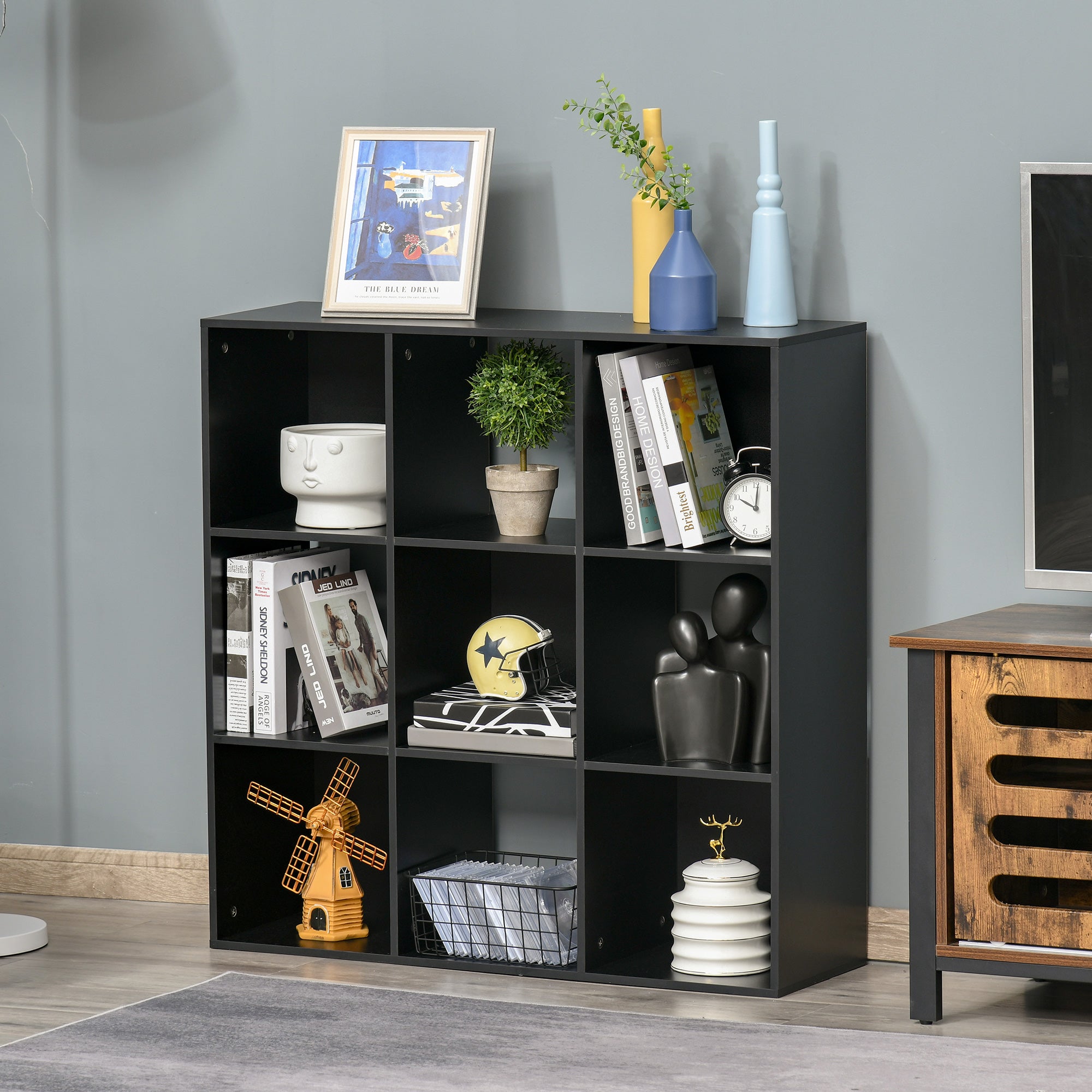 HOMCOM 3-tier 9 Cubes Storage Unit Particle Board Cabinet Bookcase Organiser Home Office Shelves Black - North Peak Garden Furniture