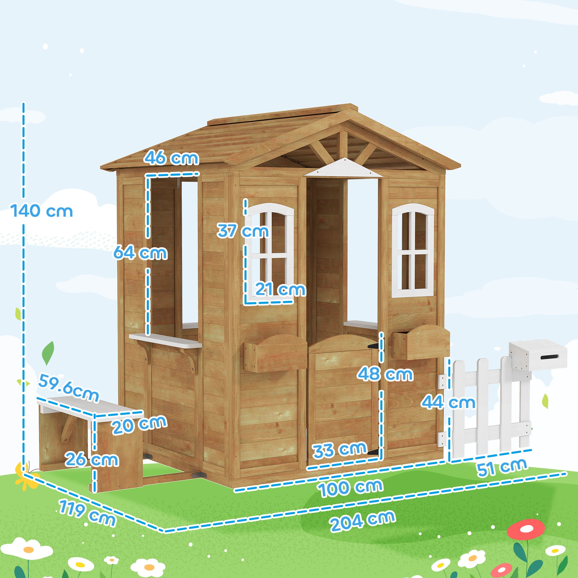 Outsunny Wooden Playhouse for Kids with Door, Windows, Mailbox, Flower Pot Holder, Serving Station, Bench for Children, Yellow - North Peak Garden Furniture