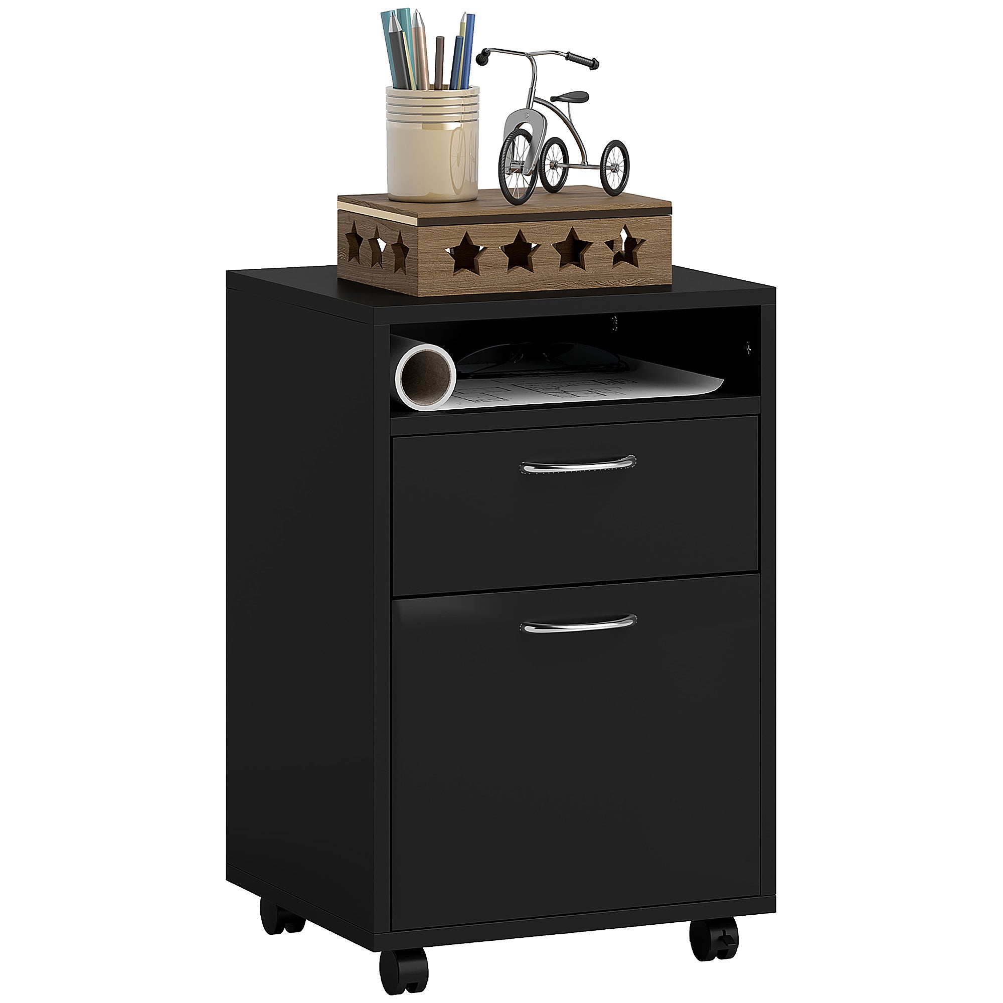 HOMCOM 60cm Storage Cabinet with Drawer, Open Shelf, Metal Handles and 4 Wheels, Office Home Organiser Mobile Printer, Black - North Peak Garden Furniture