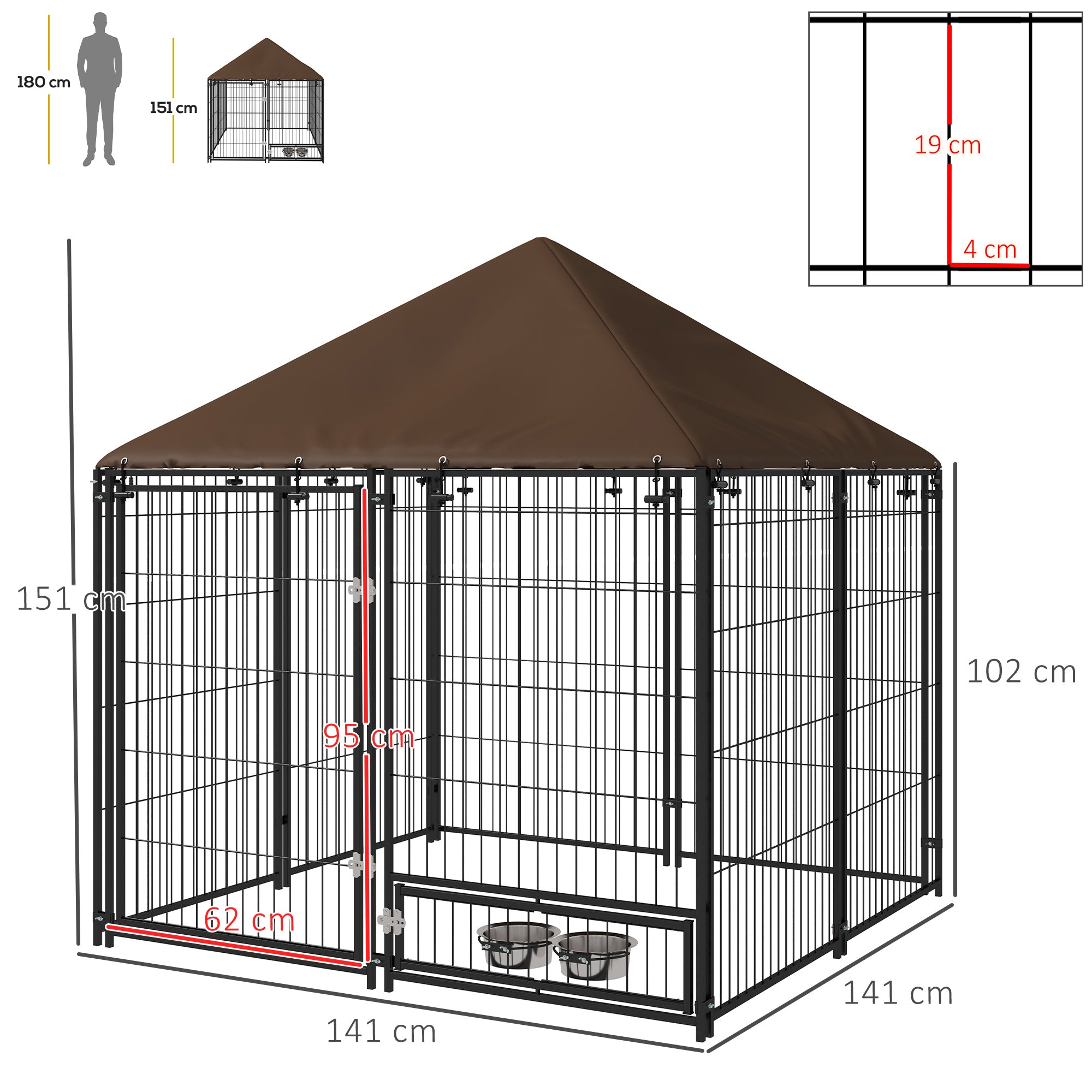 PawHut Outdoor Dog Kennel Puppy Play Pen with Canopy Garden Playpen Fence Crate Enclosure Cage Rotating Bowl 141 x 141 x 151 cm - North Peak Garden Furniture