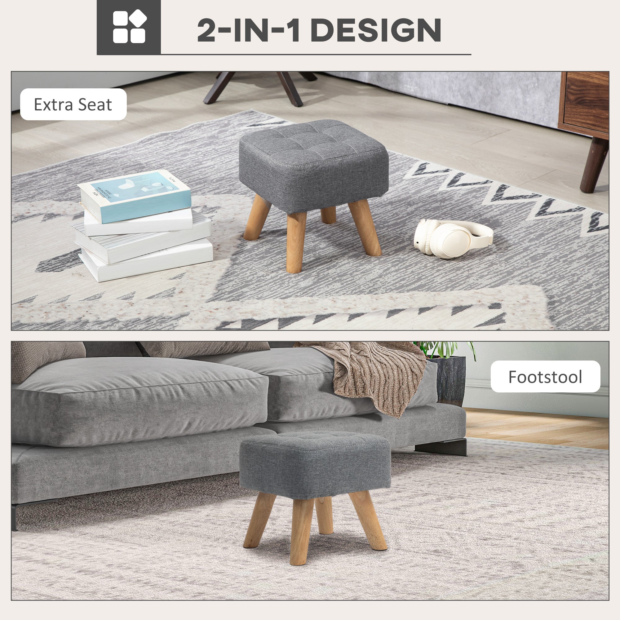 HOMCOM Modern Tufted Footstool, Fabric Foot Stool with Rubber Wood Legs, Padded Seat, for Living Room, Bedroom, Entryway, Grey - North Peak Garden Furniture