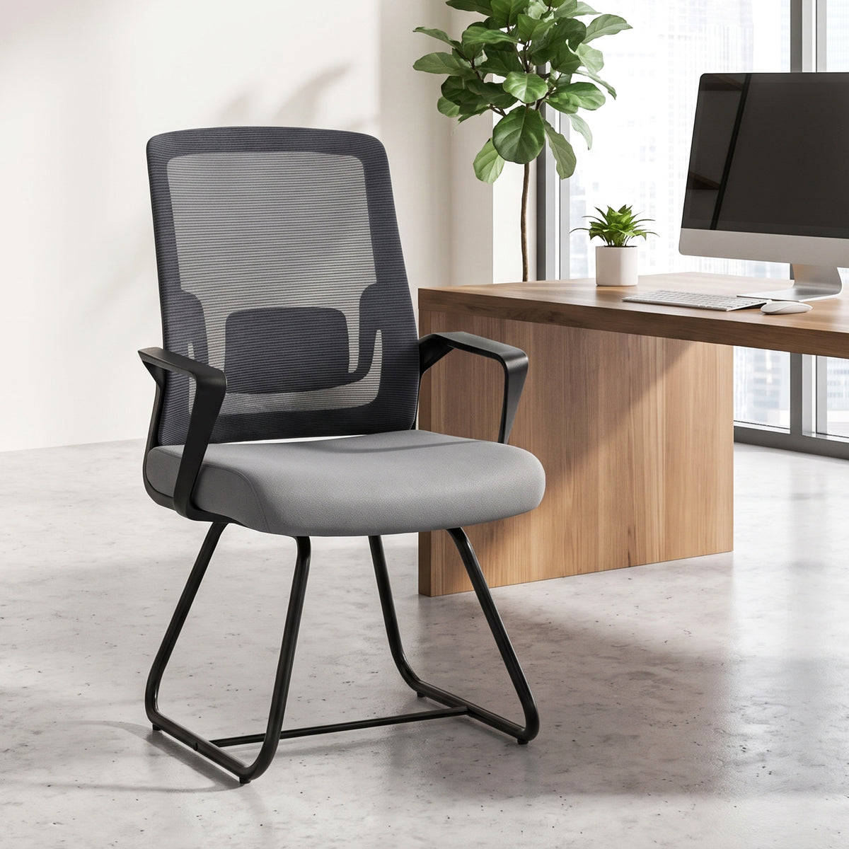 HOMCOM Desk Chair No Wheels, Office Chair with Mesh Back, Lumbar Support, Metal Base for Waiting Room, Conference Room, Dark Grey