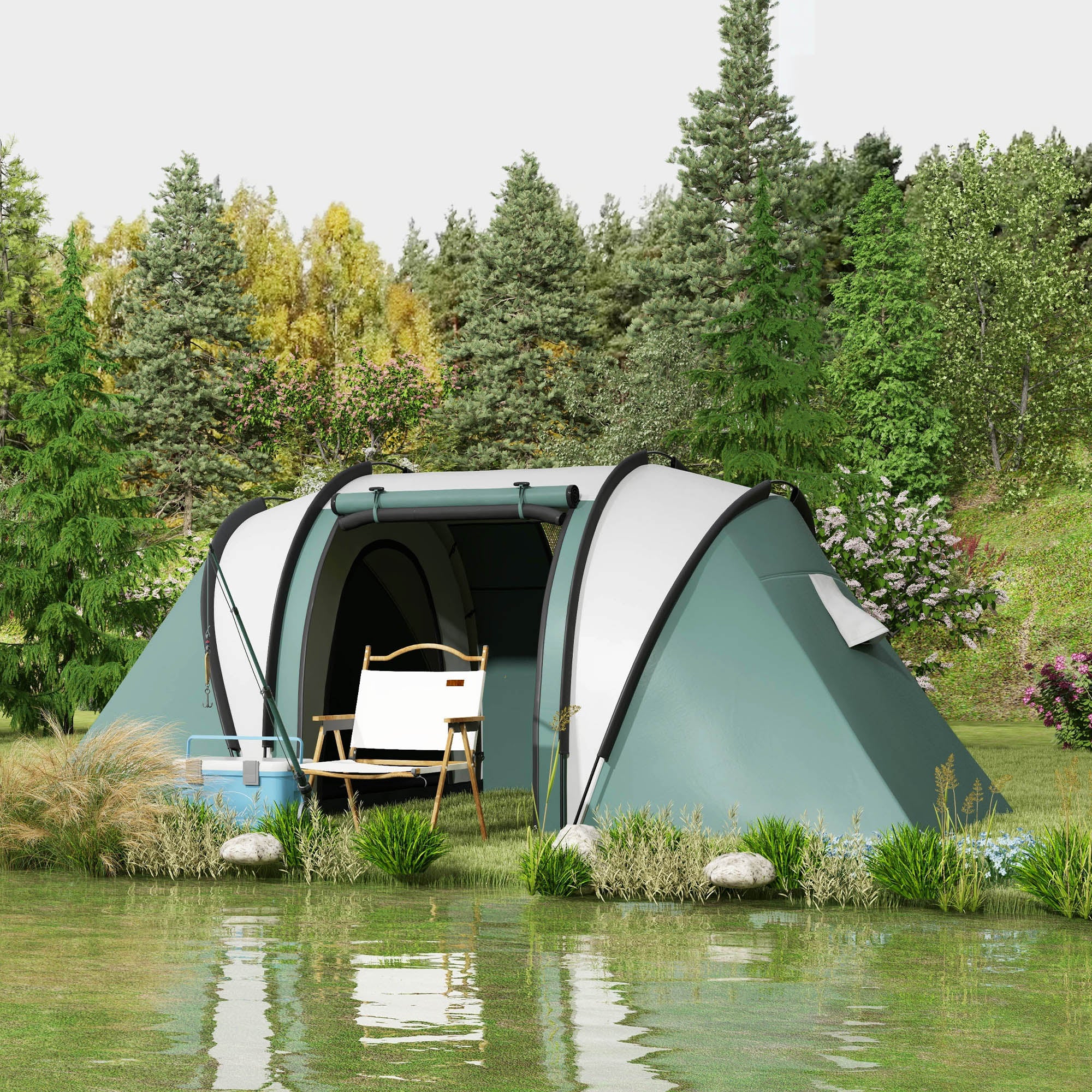 Outsunny Camping Tent with 2 Bedrooms and Living Area, 3000mm Waterproof Family Tent, for Fishing Hiking Festival, Dark Green - North Peak Garden Furniture