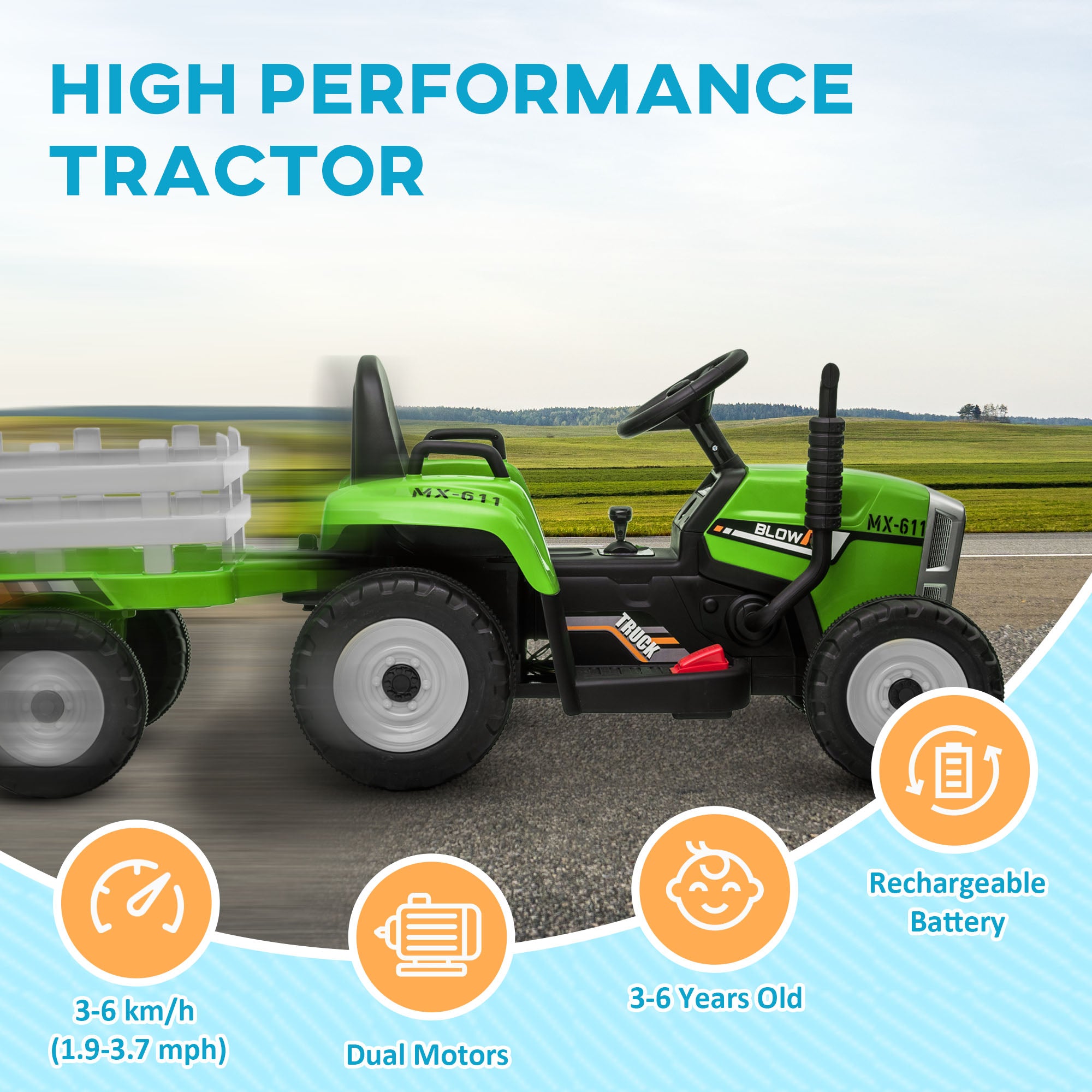 HOMCOM Ride On Tractor, Battery Powered Electric Car, with Detachable Trailer, Remote Control, Music - Green