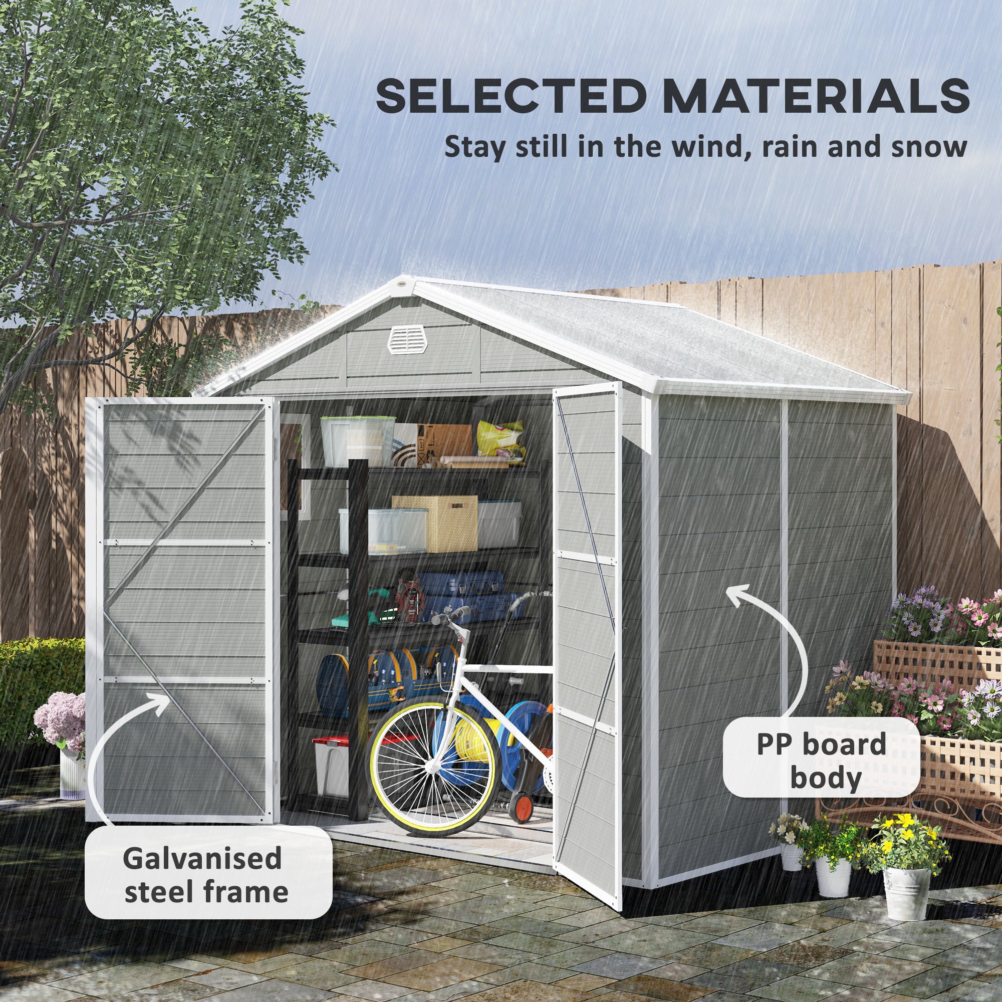 Outsunny 7.9ft x 6.2ft Aluminium Frame and Plastic Wall Shed, with Foundation - Light Grey - North Peak Garden Furniture