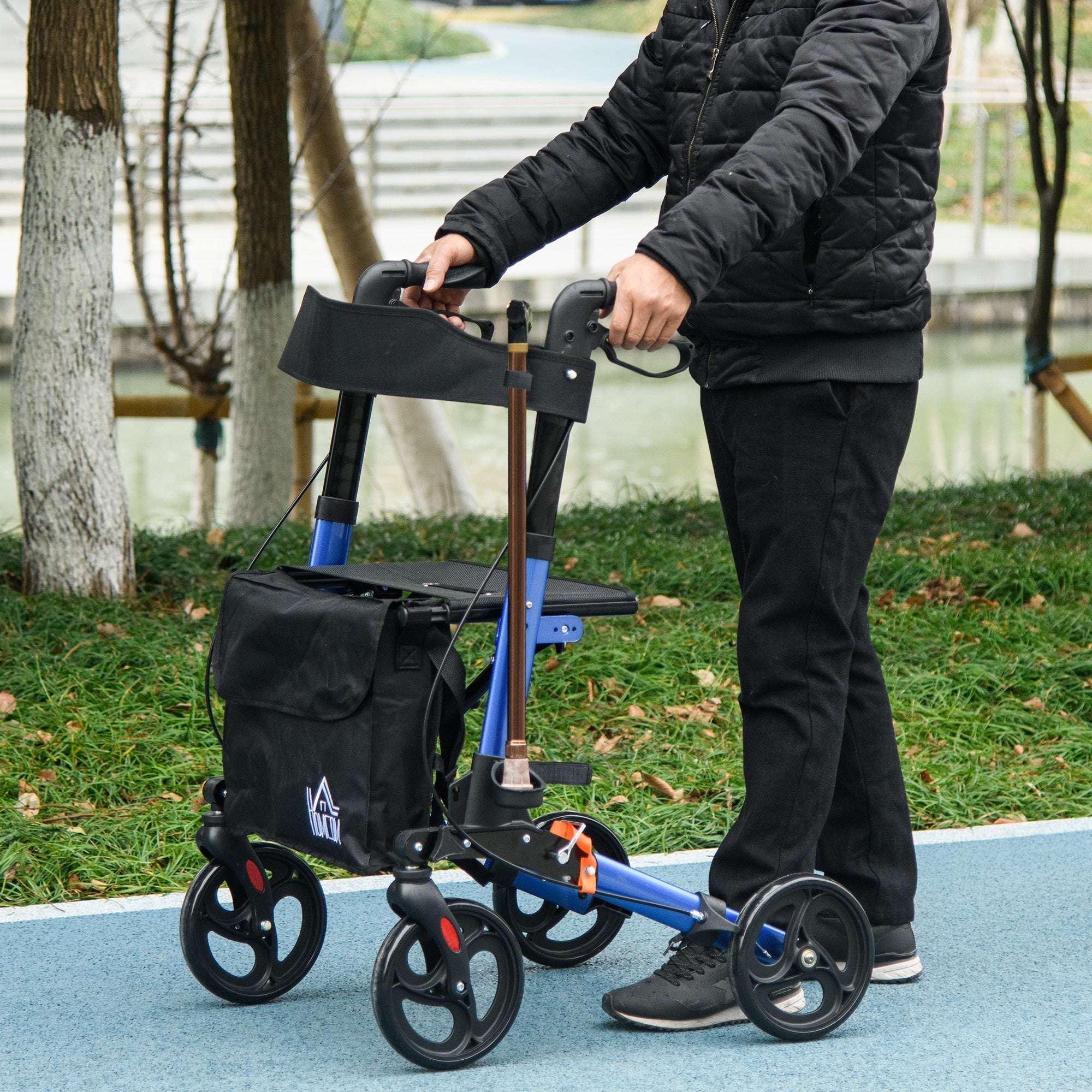 HOMCOM 4 Wheel Rollator with Seat and Back, Folding Mobility Walker with Carry Bag, Adjustable Height, Dual Brakes, Cane Holder, Lightweight Aluminium Walking Frame for Seniors and Disabled, Blue - North Peak Garden Furniture
