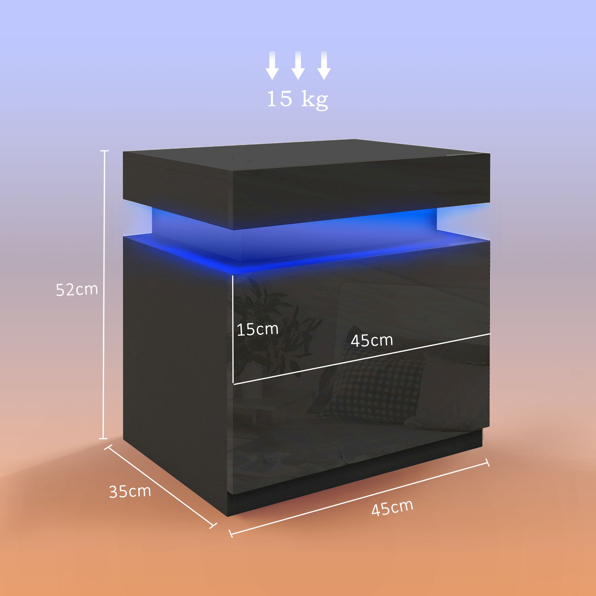 HOMCOM Black Bedside Table with LED Light, High Gloss Front Nightstand with 2 Drawers, for Living Room, Bedroom - North Peak Garden Furniture