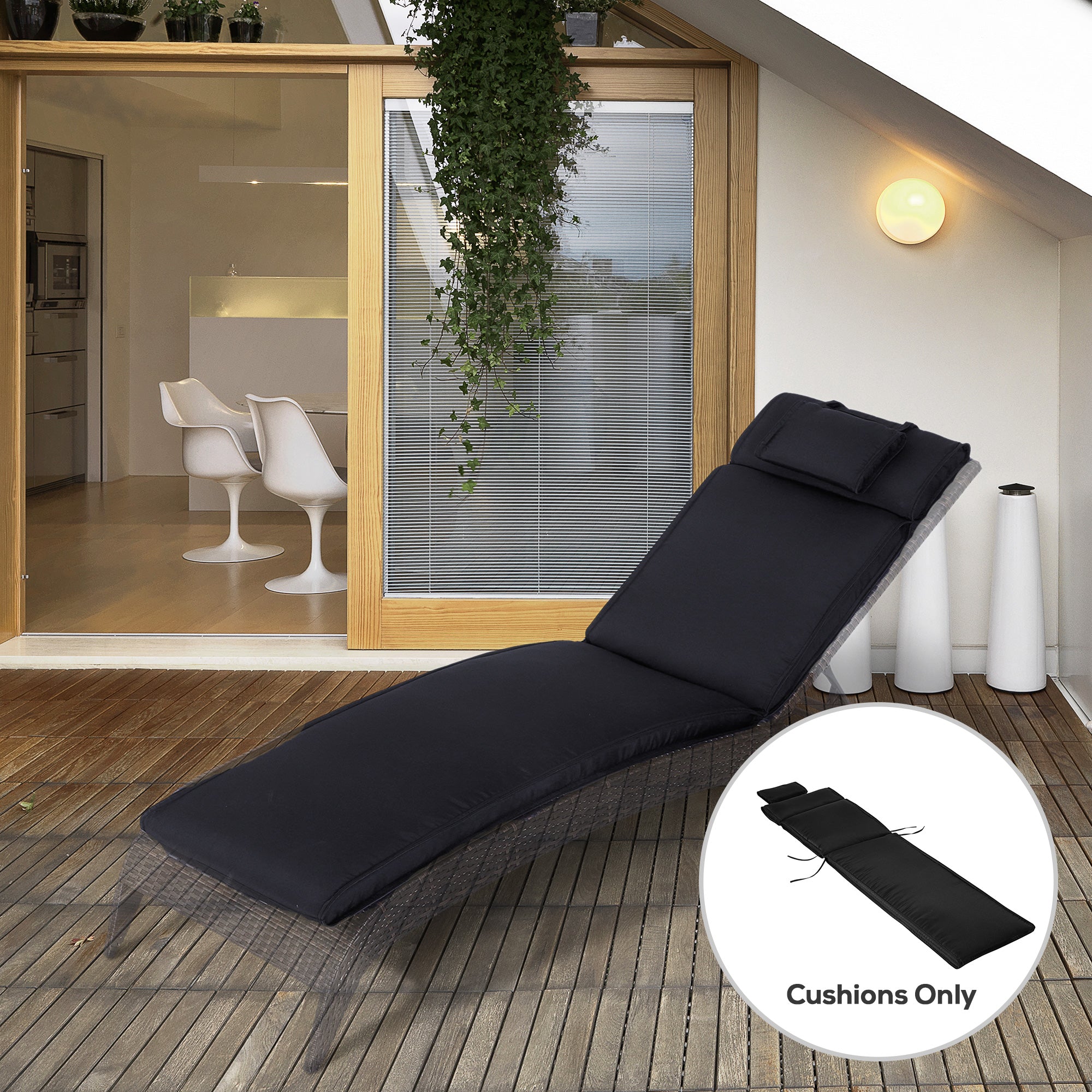 Outsunny Garden Sun Lounger Cushion Replacement Thick Sunbed Reclining Chair Relaxer Pad with Pillow - Black