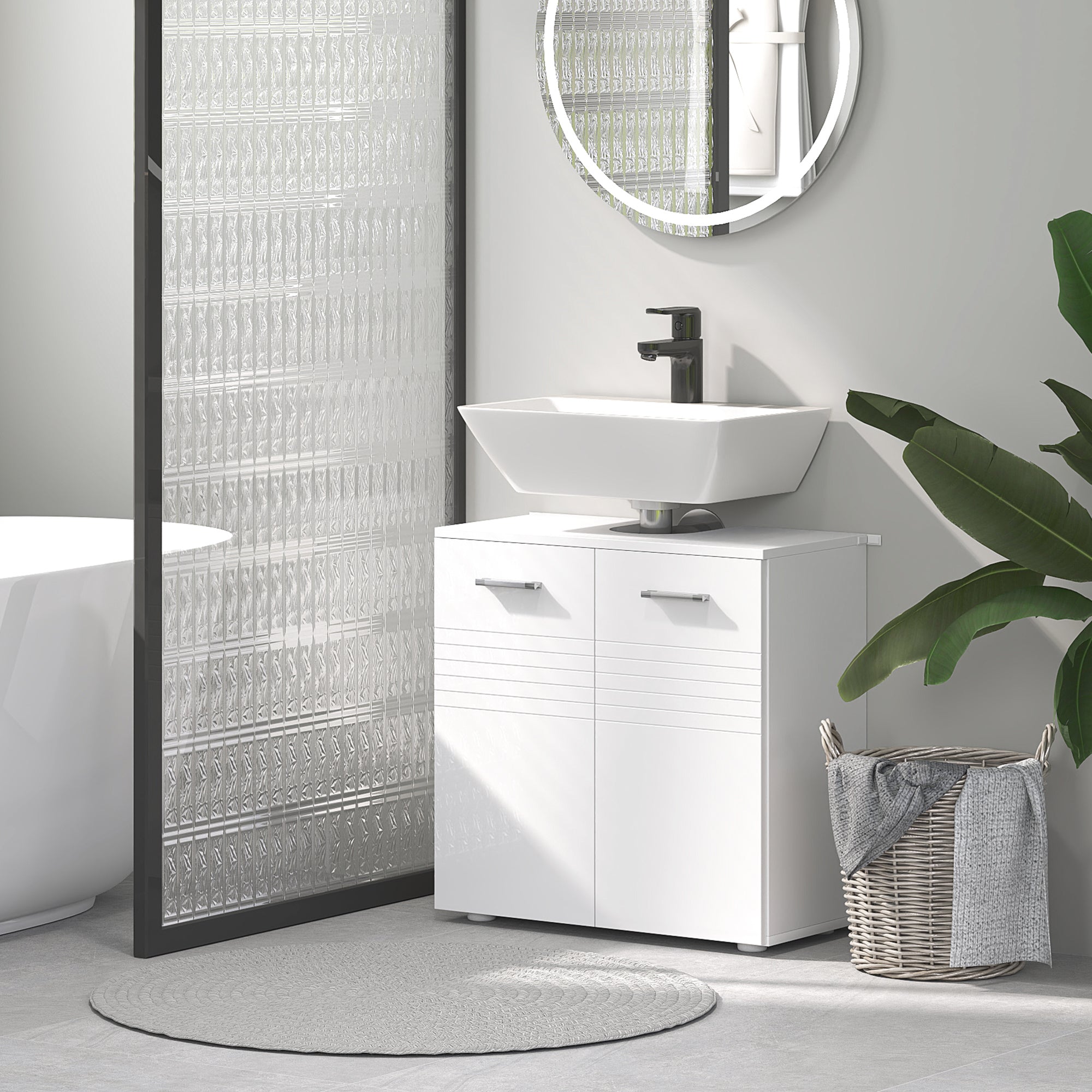 kleankin Under Sink Cabinet, Bathroom Vanity Unit, Pedestal Under Sink Design, Storage Cupboard with Adjustable Shelf, High Gloss, White - North Peak Garden Furniture