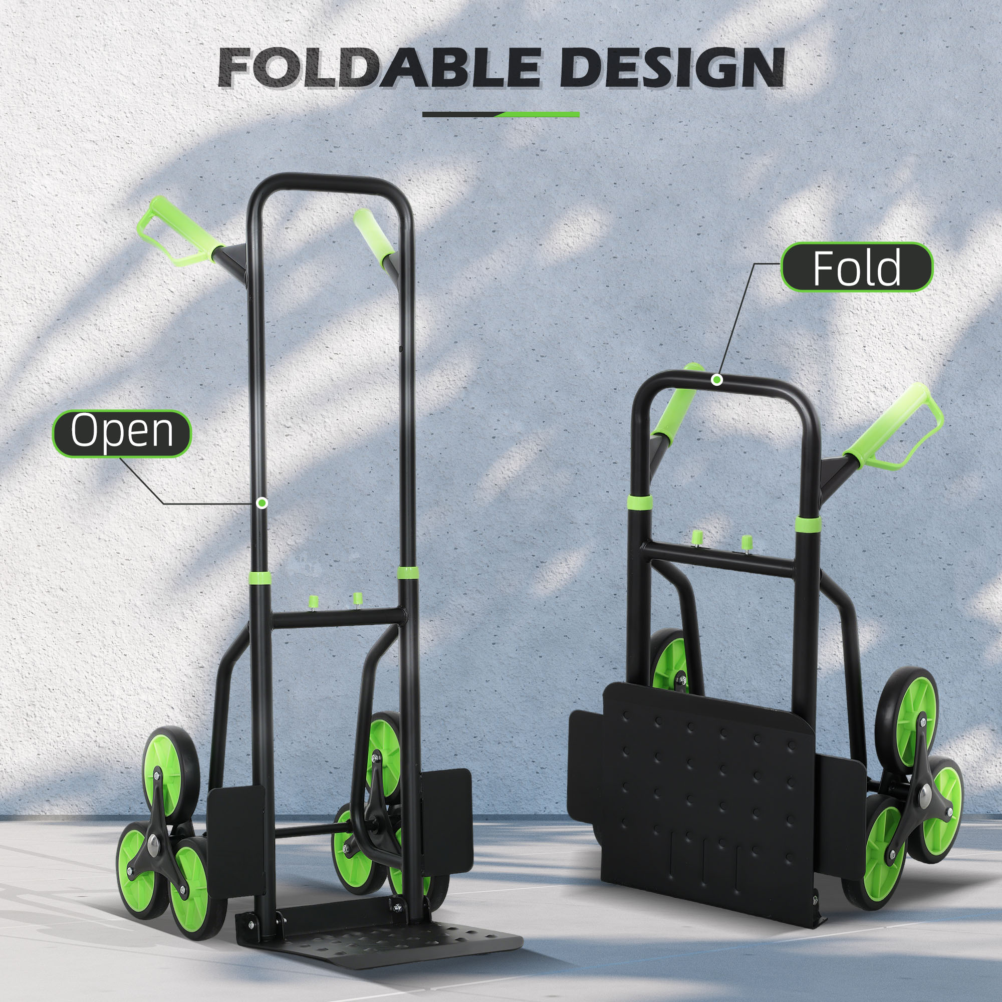 DURHAND Steel Climbing Stairs Trolley Hand Trucks 6-Wheels Foldable Load Cart 120kg, Green - North Peak Garden Furniture