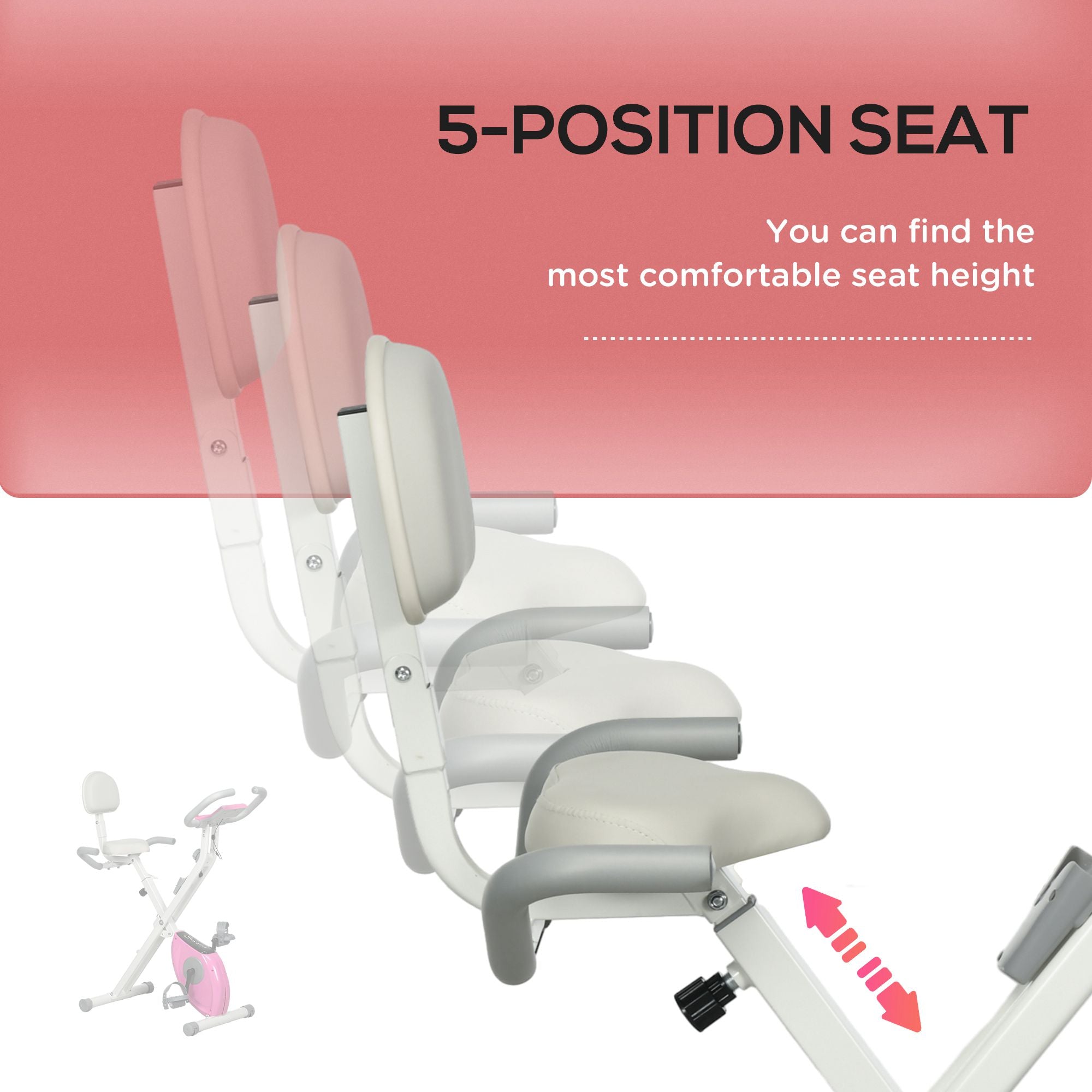 HOMCOM Folding Exercise Bike, with Adjustable Magnetic Resistance, Seat Height - White and Pink - North Peak Garden Furniture