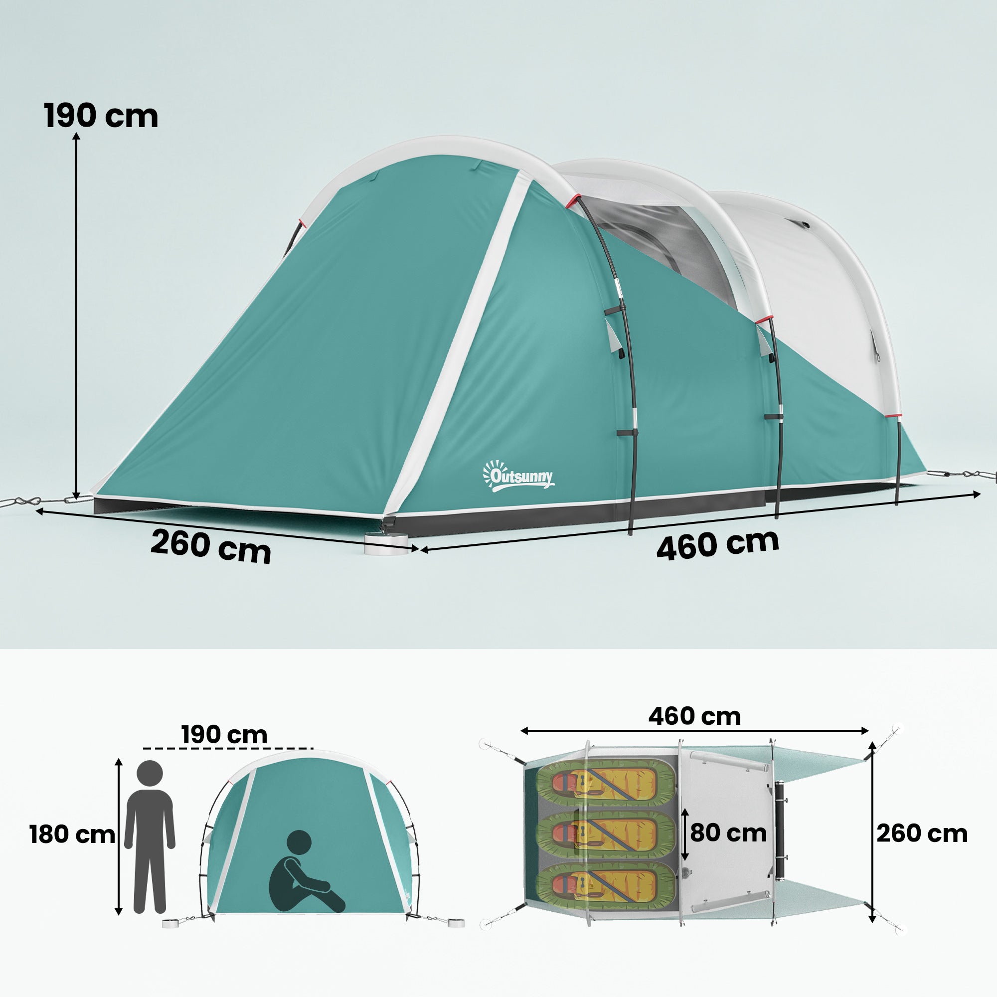 Outsunny Three-Man, 3000mm Water-Resistant Two-Room Tunnel Tent - Green