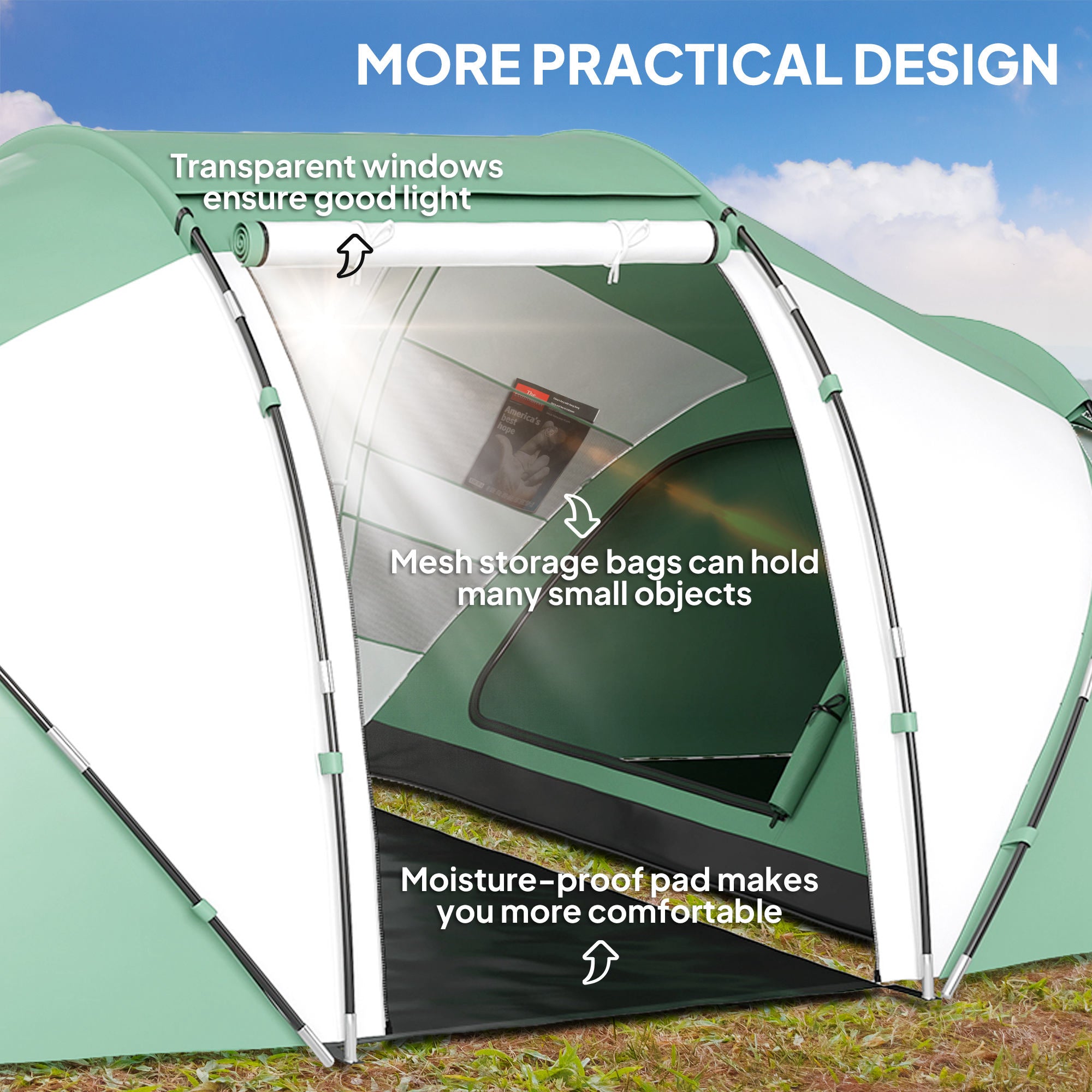 Outsunny 4-6 Man UV Protection Camping Tent - Green and White - North Peak Garden Furniture
