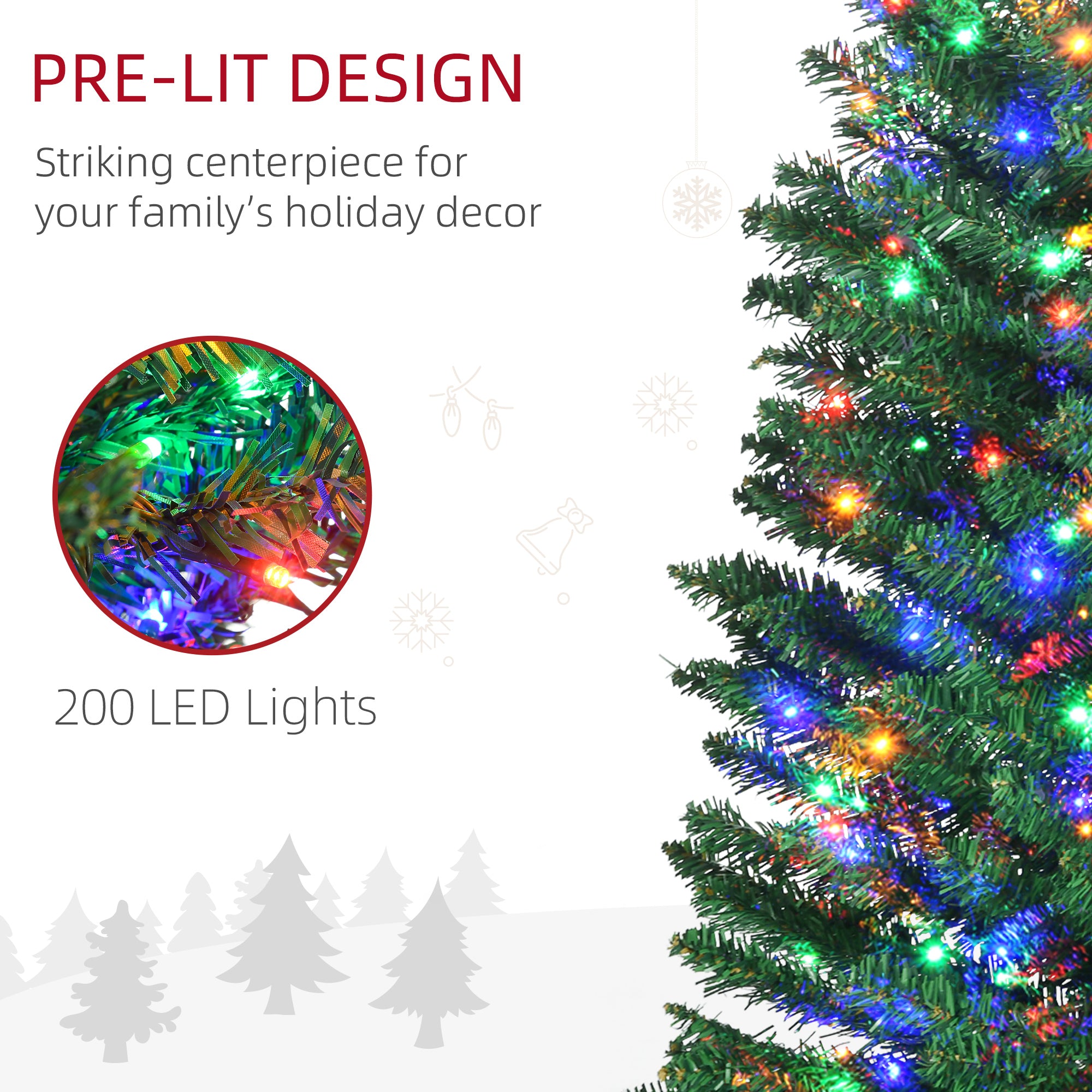 HOMCOM 7.5' Artificial Prelit Christmas Trees Holiday Décor with Colourful LED Lights, Pencil Shape, Steel Base - North Peak Garden Furniture
