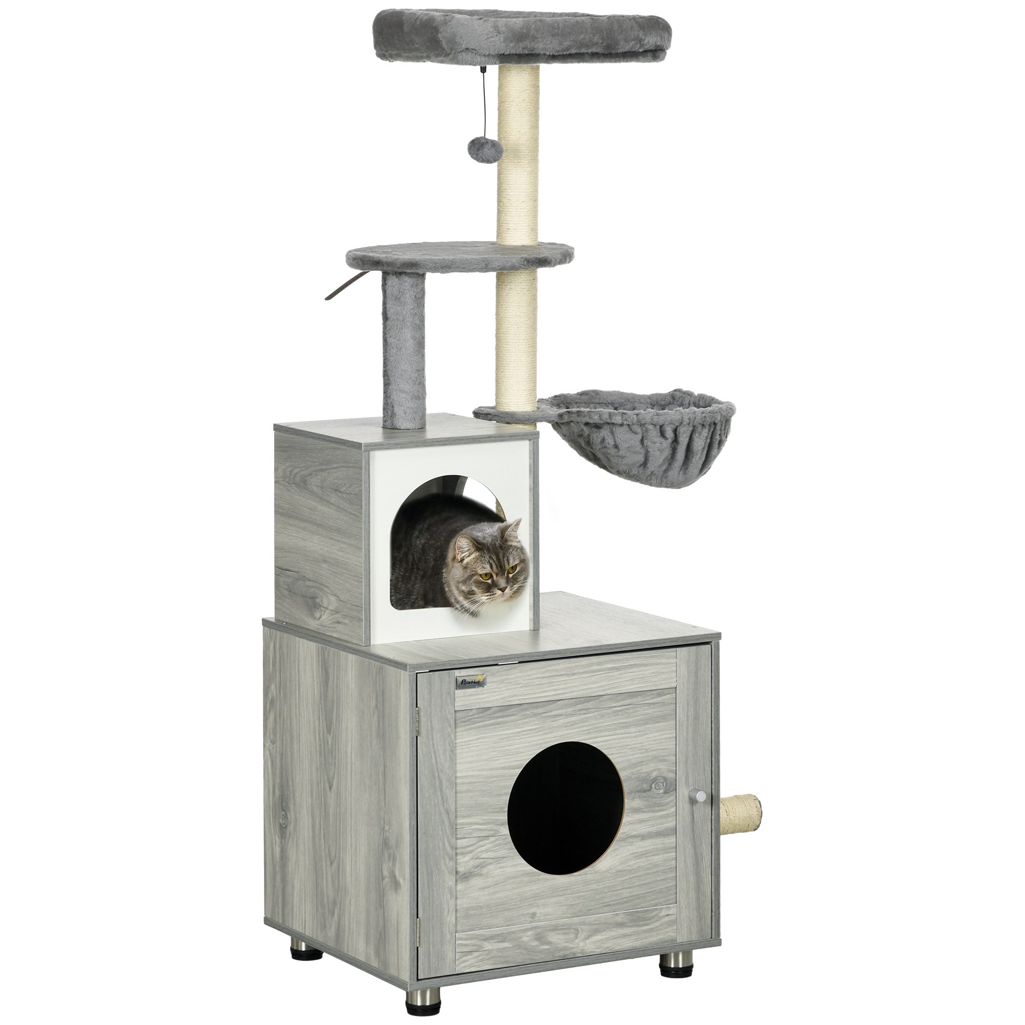 PawHut Enclosed Cat Litter Box with Cat House, Cat Bed, Scratching Posts, Platforms, for Indoor Cats - Grey - North Peak Garden Furniture