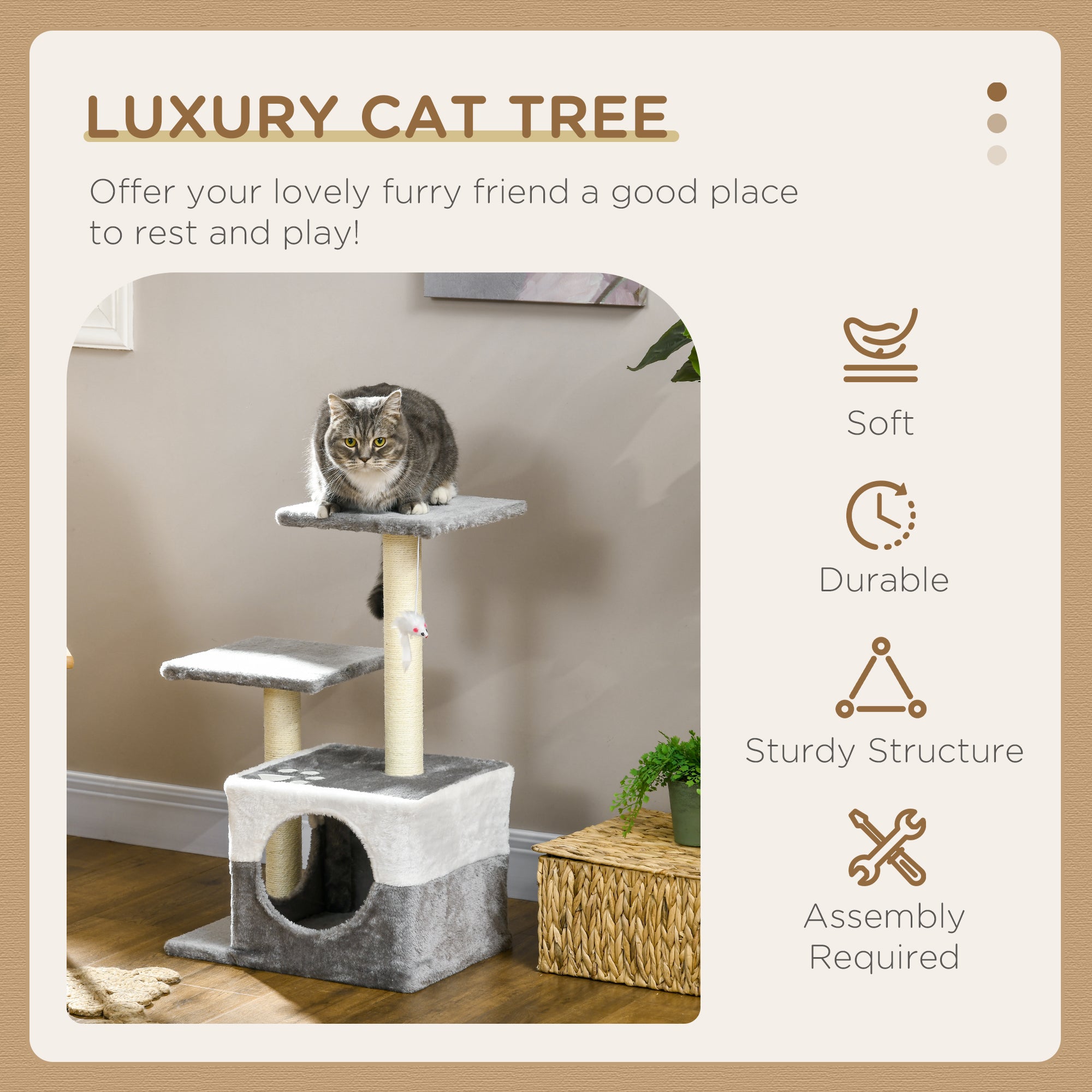 PawHut Cat Tree w/ Sisal Scratching Posts, House, Perches, Toy Mouse, Grey - North Peak Garden Furniture