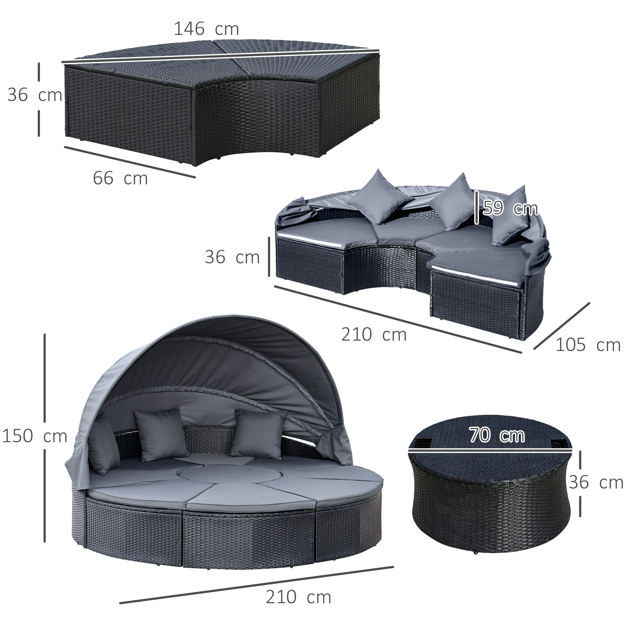 Outsunny 4 Pieces PE Rattan Garden Daybed Set, Outdoor Wicker Cushioned Round Sofa Bed Conversation Furniture with Coffee Table & Canopy, Black - North Peak Garden Furniture