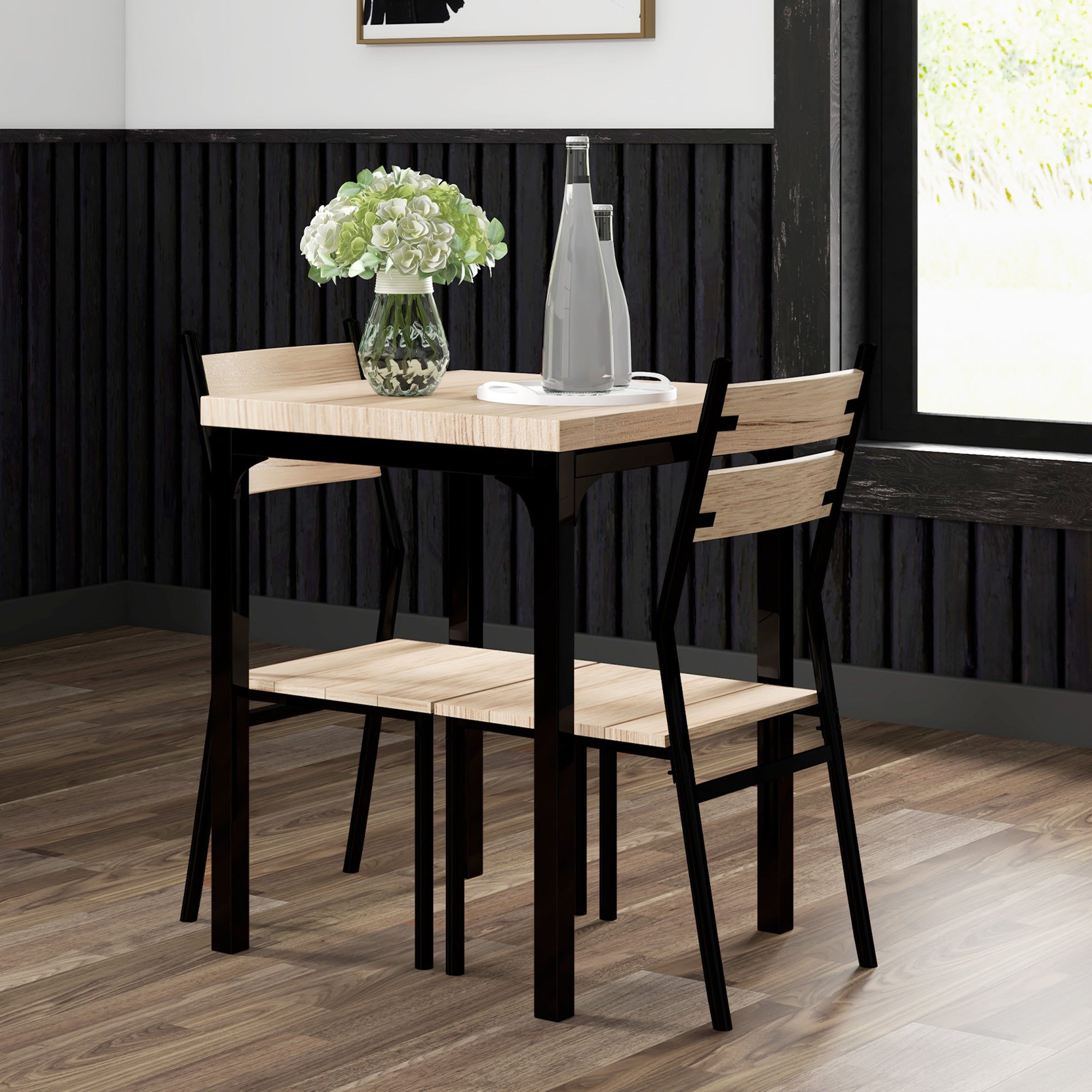 HOMCOM 3 Pieces Compact Dining Table 2 Chairs Set Wooden Metal Legs Bistro cafe Kitchen Breakfast Bar Home Furniture, Light Wood Grain