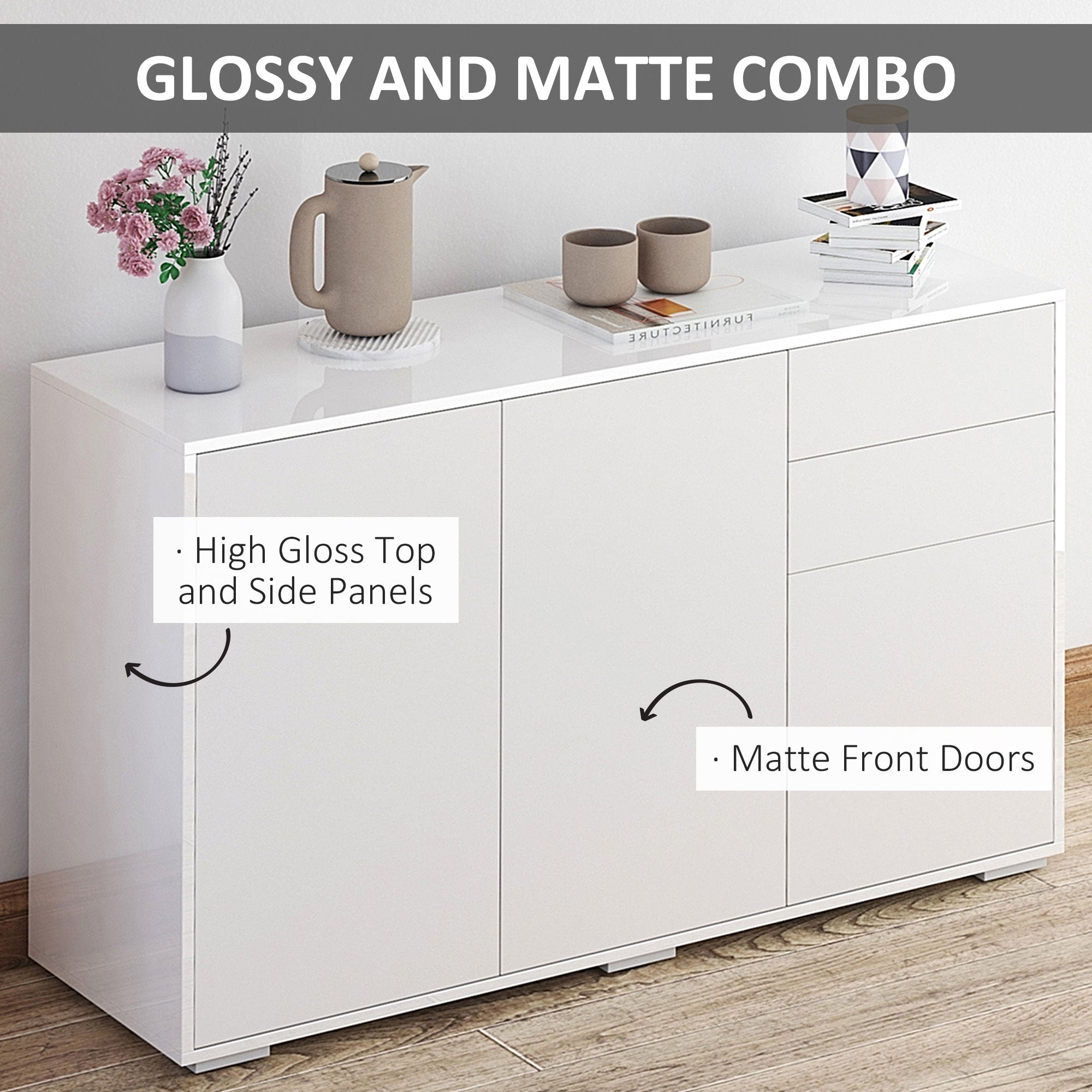 HOMCOM High Gloss Sideboard, Side Cabinet, Push-Open Design with 2 Drawer for Living Room, Bedroom, White